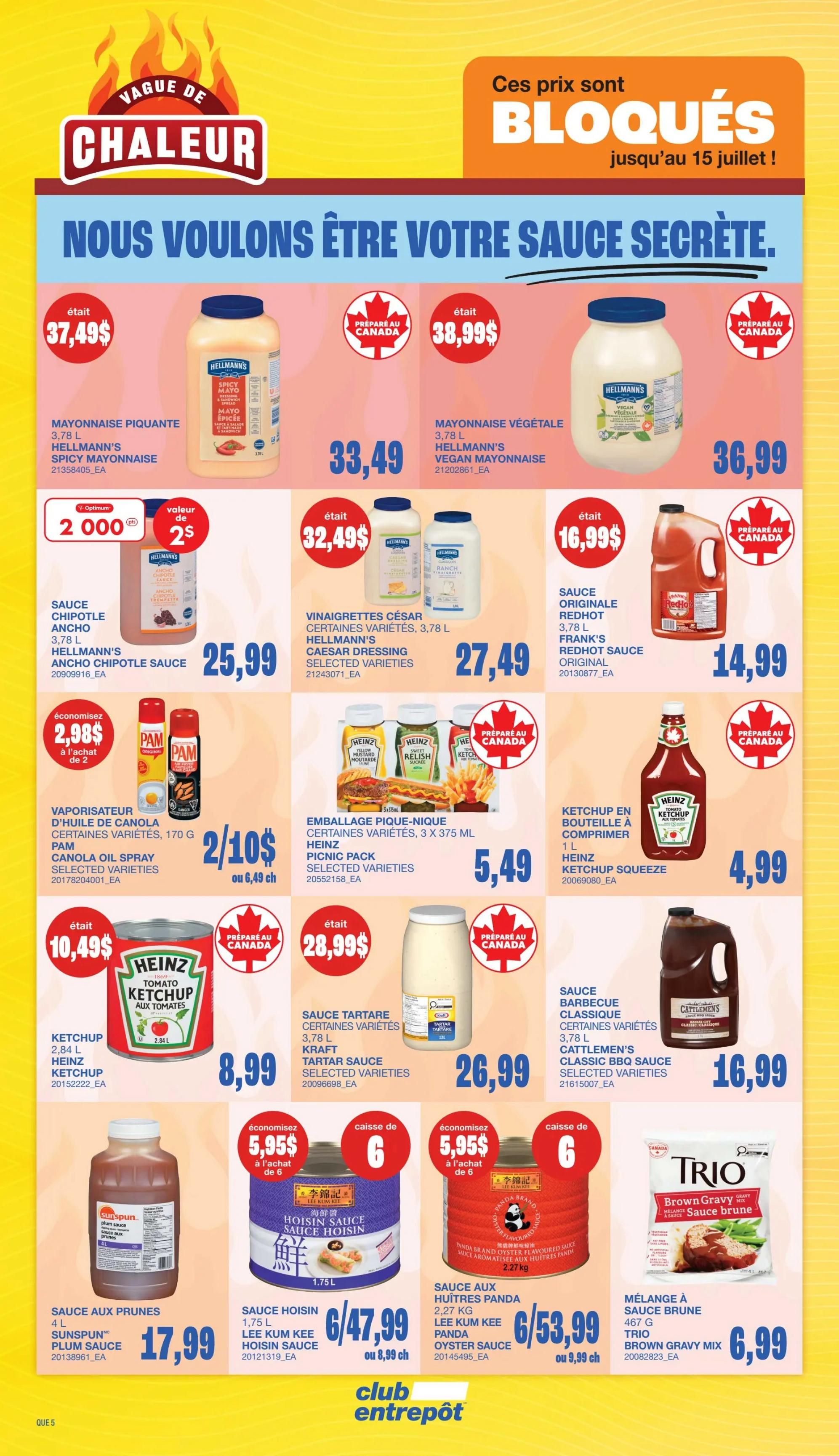Wholesale Club flyer page 12 featuring a 'Heat Wave' promotion. Highlights include Hellmann's Spicy Mayonnaise at $33.49, Hellmann's Vegan Mayonnaise at $36.99, and Hellmann's Chipotle Sauce for $25.99. Also featured are various salad dressings and sauces: Hellmann's Caesar Dressing for $27.49, Frank's RedHot Sauce for $14.99, Heinz Ketchup for $8.99, Kraft Tartar Sauce for $26.99, and Cattlemen's Classic BBQ Sauce for $16.99. Special offers include Pam Canola Oil Spray 2 for $10, and Heinz Picnic Pack for $5.49. Additionally, Sunspun Plum Sauce is $17.99, Lee Kum Kee Hoisin Sauce is 6 for $47.99 (or $8.99 each), and Lee Kum Kee Panda Oyster Sauce is 6 for $53.99 (or $9.99 each). Trio Brown Gravy Mix is available for $6.99. Prices are valid until July 15th.