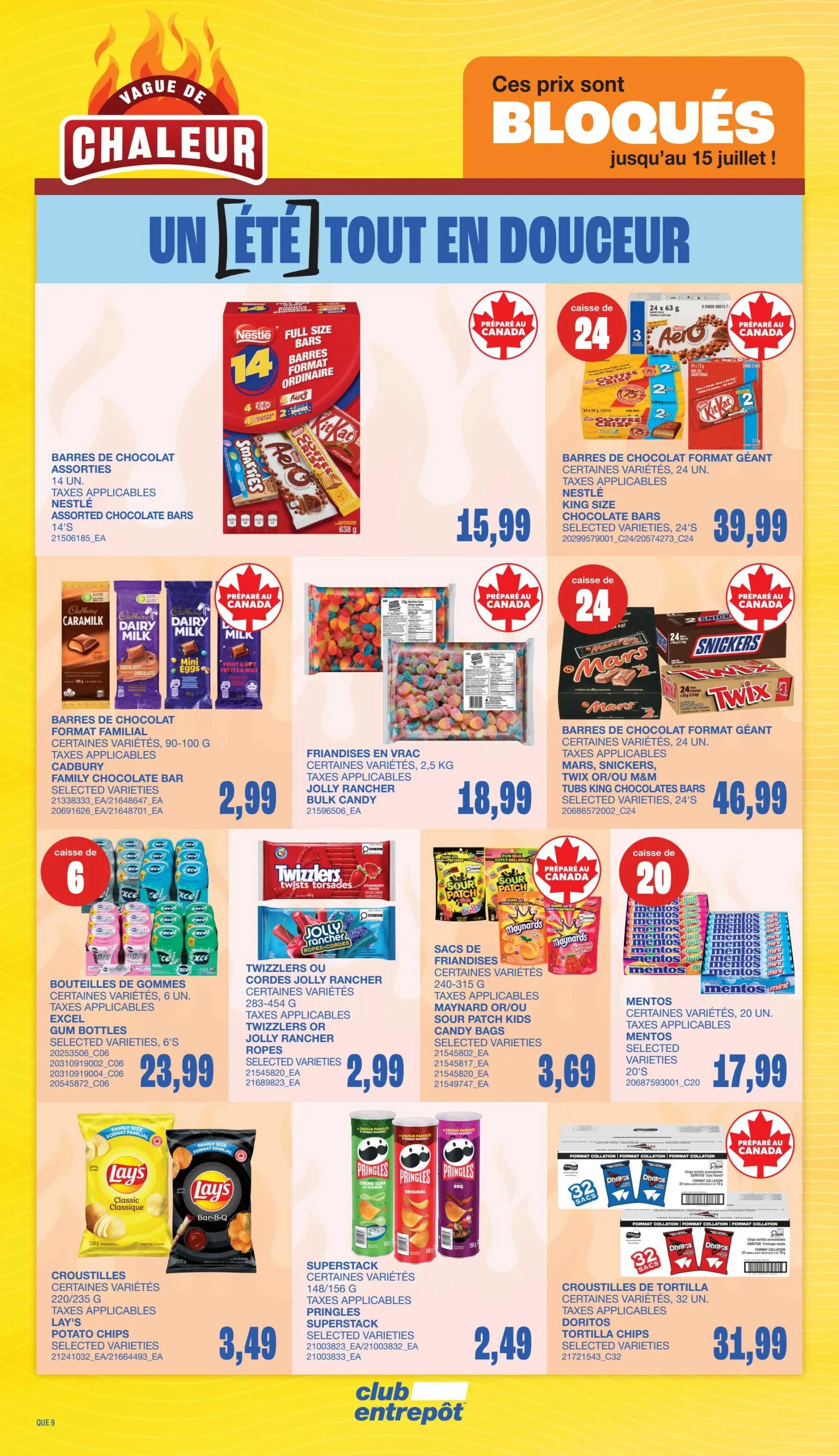 Wholesale Club Quebec flyer page 16 features a summer sale with the theme 'A Summer Full of Sweetness'. Featured products include Nestlé Assorted Chocolate Bars 14's for $15.99, King Size Chocolate Bars including Coffee Crisp, Kit Kat, Aero, Mars, Snickers, and Twix in 24-count boxes for $39.99 and $46.99 respectively. Also available are Cadbury Family Chocolate Bars for $2.99, Bulk Candy Friandises in 2.5 kg bags for $18.99, Excel Gum Bottles 6's for $23.99, Twizzlers or Jolly Rancher Ropes for $2.99, Maynards or Sour Patch Kids Candy Bags for $3.69, and Mentos Mints 20's for $17.99. Potato Chips from Lay's in Classic and Bar-B-Q flavours are $3.49, and Pringles Superstack in assorted varieties are $2.49. Doritos Tortilla Chips in a 32-bag format are $31.99. Prices are valid until July 15th.
