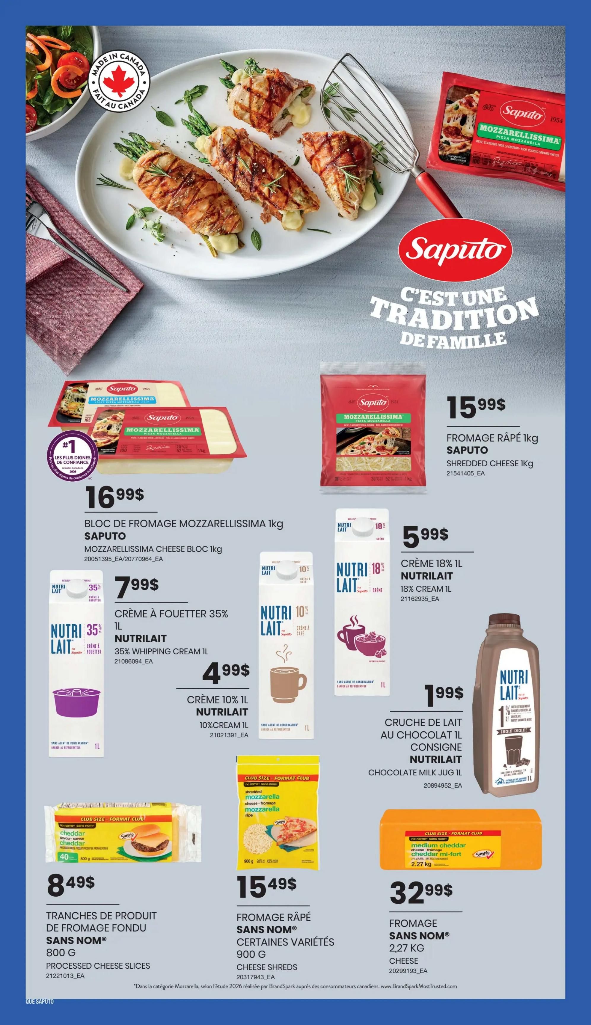 Wholesale Club weekly flyer specials page 20 features Saputo Mozzarella products including a 1kg block of Saputo Mozzarella cheese for $16.99 and 1kg shredded Saputo Mozzarella cheese for $15.99. Also available are Nutrilait whipping cream and milk products: 35% whipping cream 1L for $7.99, 10% cream 1L for $4.99, 18% cream 1L for $5.99, and chocolate milk jug 1L for $1.99. Additionally, find San Nom processed cheese slices 800g for $8.49 and San Nom cheese shreds 900g for $15.49, along with San Nom cheese 2.27 kg for $32.99.