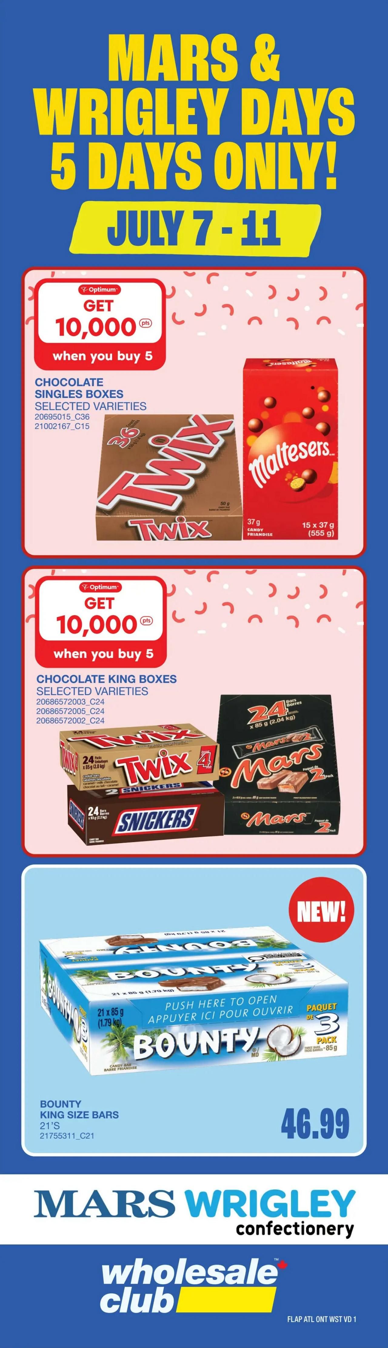 Wholesale Club Ontario flyer, page 2. July Hit of the Month features Dare Breton Crackers, Dare Bites, Simple Goodness or Vinta Crackers (excludes Gluten-free) in selected varieties, 132-225g for $1.88, limit 6. Raw shrimp skewers, 31-40 count per lb, frozen, 5 pack, 300g for $4.77, limit 6. Reese's Big Cup King Chocolate Bars, selected varieties, 16's for $24. Hershey's Cookies N Crème King Chocolate bars, selected varieties, 18's for $27. Reese's Butter cups or Oh Henry King Chocolate bars, selected varieties, 24's for $36. The flyer also highlights 'Lowest Prices Best Deals' and states the offer is valid July 1st - 31st, 2026 while quantities last.