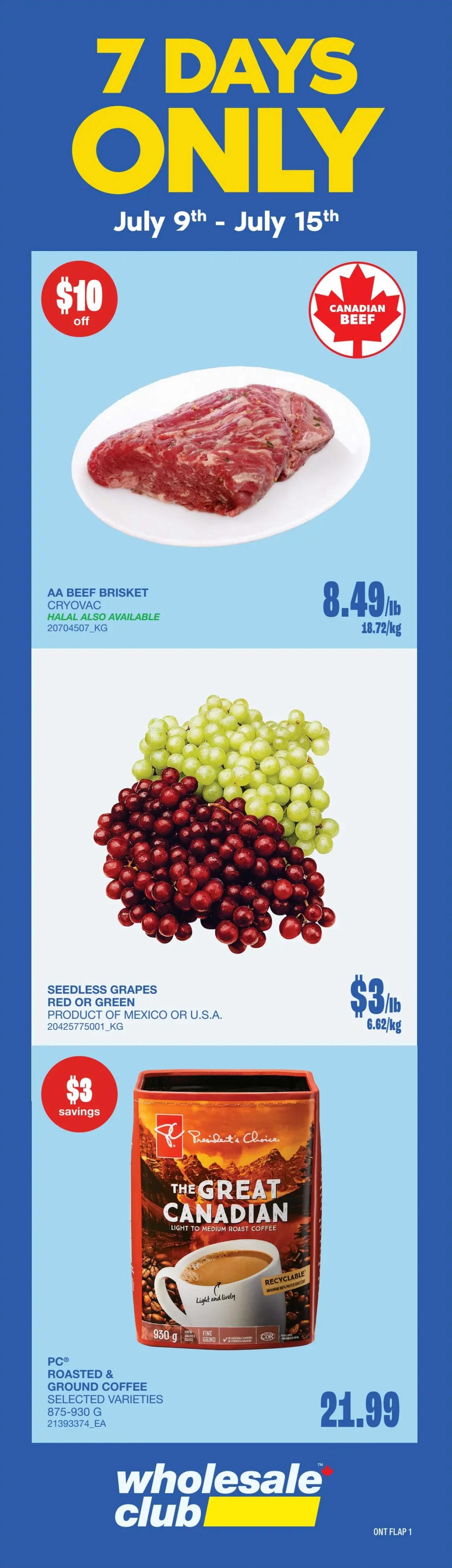Wholesale Club Ontario flyer page 6 features Sunspun bear paw shaped beef burgers, 40 count, 4.54 kg, for $52.99. Lactantia salted butter, 454g, is on special for $4.99, limit 40. Hellmann's real mayonnaise club pack, 4L, is $23.89. PC Optimum members can get P&G Super Soft bathroom tissue, 30-100 rolls, for $17.99, while non-members pay $20.99. Also featured are PC Bathroom tissue, 30's or Max paper towels, 8's, selected varieties. The flyer highlights 'Prices Lowered and Locked' on Sunspun items until September 16, 2026. Deals include Sunspun hot banana pepper rings, 3.78L, for $11.49, Sunspun straight cut french fried potatoes, 13.6-13.62 kg, for $33.99, and Sunspun Southern-style chicken breast fillets, frozen, 4 kg, 75 pieces, for $59.99. Becoming a Wholesale Club PC Optimum member is free and easy.