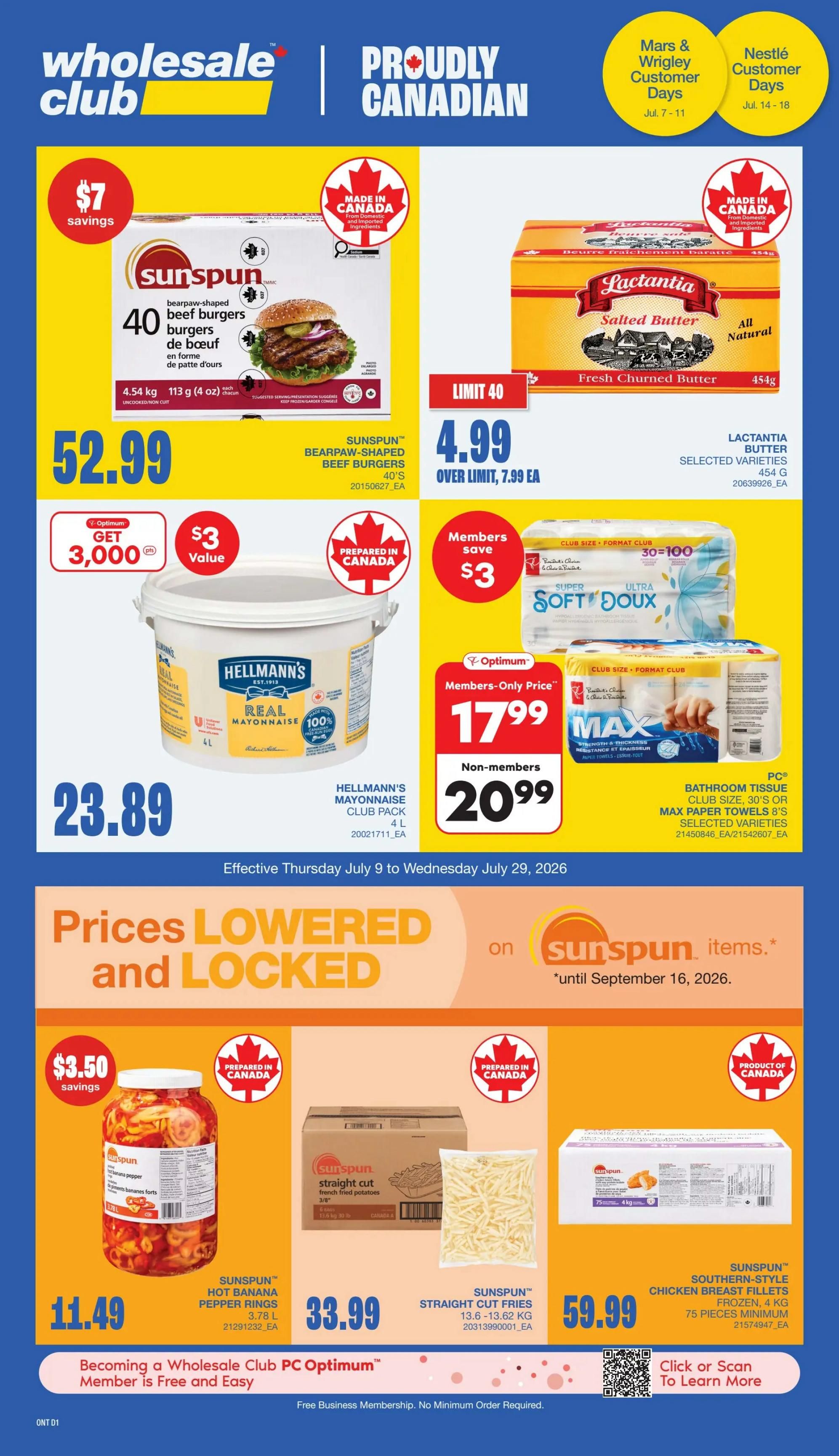 Wholesale Club flyer specials: Mars & Wrigley Days from July 7-11. Get 10,000 Optimum points when you buy 5 selected varieties of Chocolate Singles Boxes, including Twix and Maltesers. Also, get 10,000 Optimum points when you buy 5 selected varieties of Chocolate King Size Boxes, featuring Twix and Snickers. New! Bounty King Size Bars, 21's, are available for $46.99. The page features Mars Wrigley confectionery and the Wholesale Club logo.