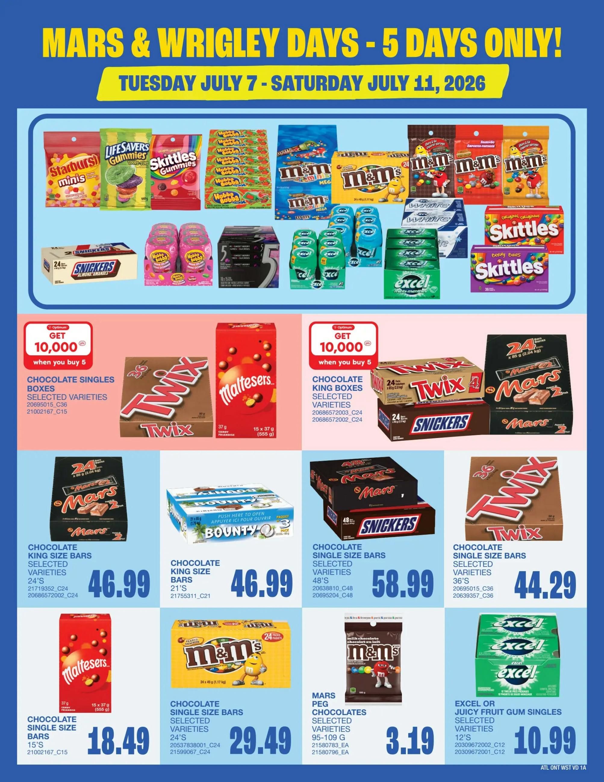 Wholesale Club Ontario flyer, page 8, featuring Mars & Wrigley Days specials from Tuesday, July 7 to Saturday, July 11, 2026. Offers include: Get 10,000 Optimum points when you buy 5 on Chocolate Singles Boxes (selected varieties) and Chocolate King Size Boxes (selected varieties). Featured products and prices: Chocolate King Size Bars (21's) for $46.99, Chocolate King Size Bars (48's) for $58.99, Chocolate Singles Boxes (selected varieties) with Twix and Maltesers for $18.49, Chocolate Singles Bars (selected varieties, 24's) with M&M's for $29.49, Mars Peg Chocolates (selected varieties, 95-109g) for $3.19, Excel or Juicy Fruit Gum Singles (selected varieties, 12's) for $10.99. Also shown are various multipacks of Starburst Minis, Lifesavers Gummies, Skittles Gummies, Hubba Bubba, M&M's Minis, Snickers, Twix, Mars, and Excel mints.
