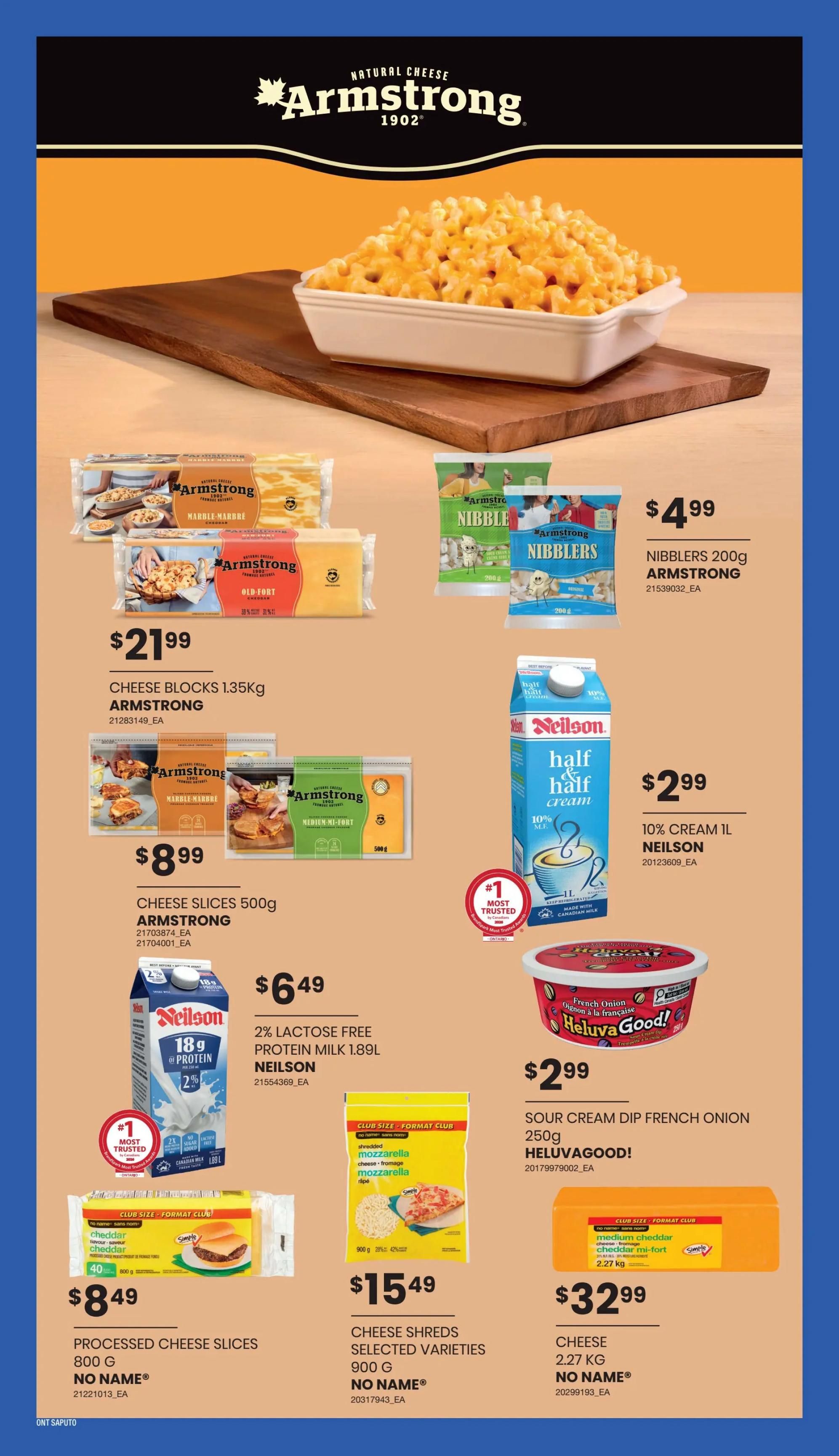 Wholesale Club Ontario flyer specials page 21 features Armstrong cheese products including Armstrong Nibblers 200g for $4.99, Armstrong Cheese Blocks 1.35kg for $21.99, and Armstrong Cheese Slices 500g for $8.99. Also featured is Neilson 10% Cream Half & Half 1L for $2.99 and Neilson 2% Lactose Free Protein Milk 1.89L for $6.49. Heluva Good! Sour Cream Dip French Onion 250g is available for $2.99. No Name brand products include Processed Cheese Slices 800g for $8.49, Cheese Shreds Selected Varieties 900g for $15.49, and Cheese 2.27kg for $32.99.
