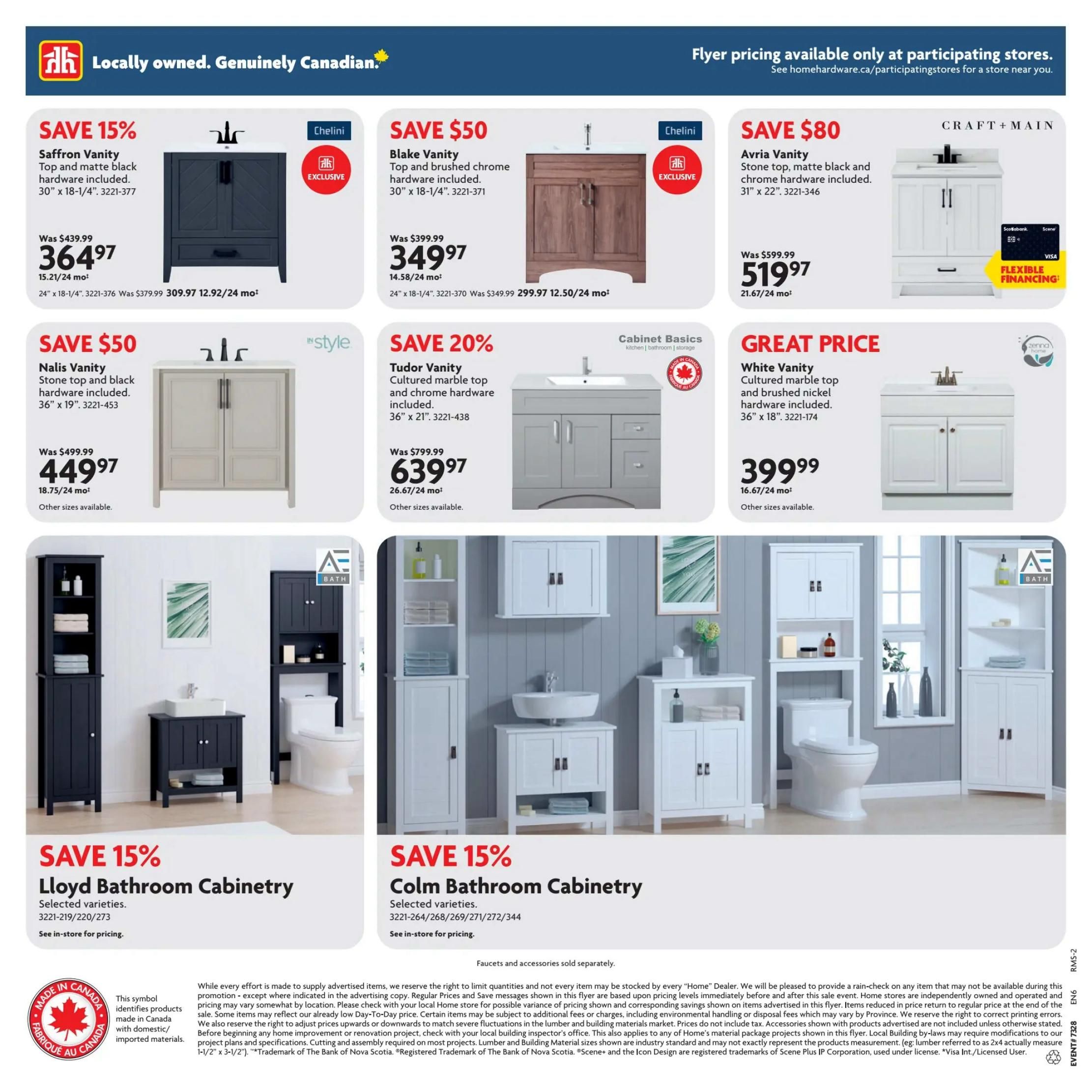 Home Hardware flyer page 8 features an Ultimate Bath Sale. Featured items include the Saffron Vanity for $364.97 (save 15%), Blake Vanity for $349.97 (save $50), Avria Vanity for $519.97 (save $80), Nalis Vanity for $449.97 (save $50), Tudor Vanity for $639.97 (save 20%), and White Vanity for a great price of $399.99. Also displayed are Lloyd Bathroom Cabinetry and Colm Bathroom Cabinetry, both with a 15% saving, with selected varieties available. Faucets and accessories are sold separately. The flyer highlights products made in Canada.