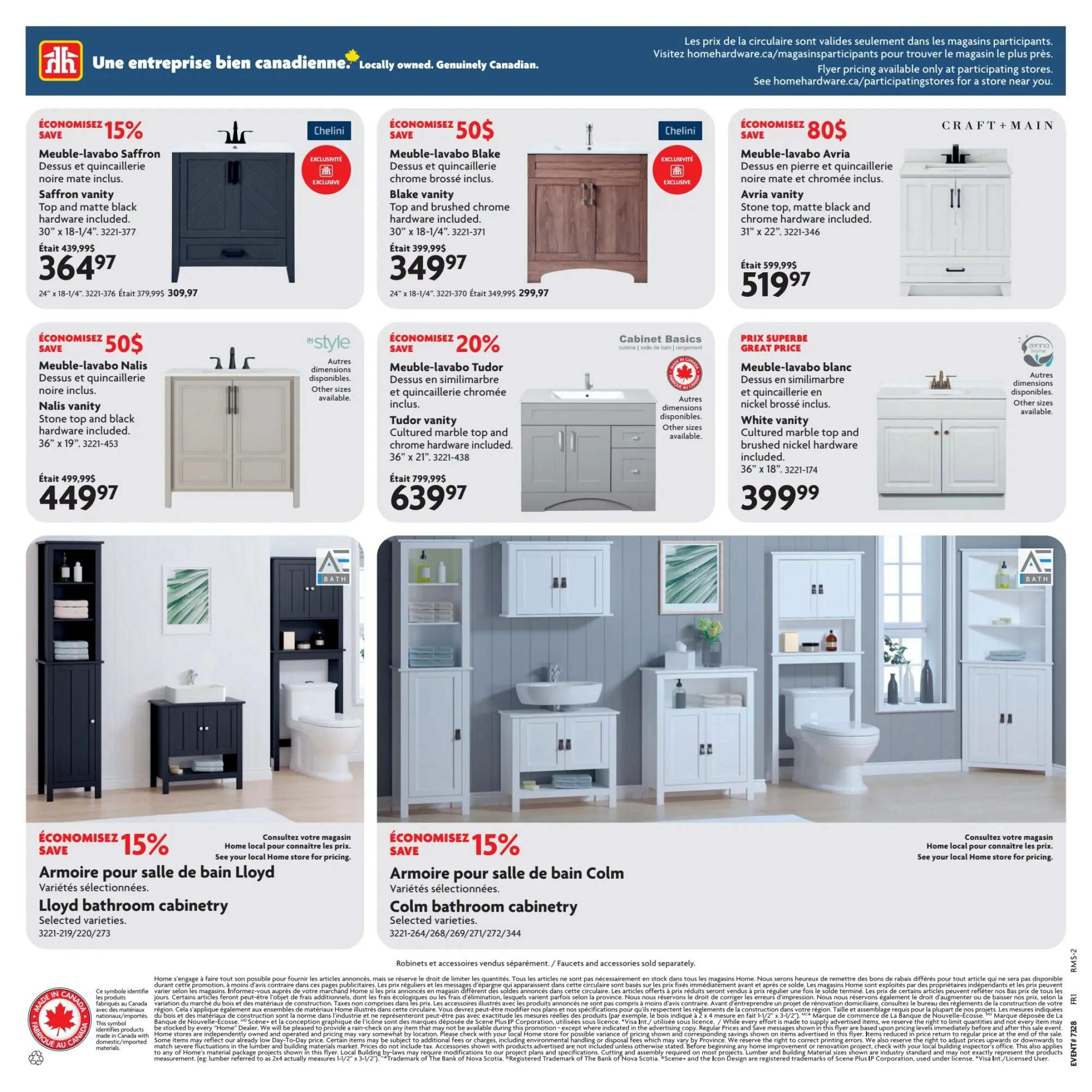 Home Hardware Ultimate Bath Sale flyer, page 8. Features Saffron vanity at 15% off for $364.97, Blake vanity at $50 off for $349.97, Avria vanity for $80 off at $519.97, Nalis vanity for $50 off at $449.97, and Tudor vanity at 20% off for $639.97. Also includes a white vanity for a great price of $399.99. The page also showcases Lloyd bathroom cabinetry and Colm bathroom cabinetry, both with a 15% saving. Pricing is valid only at participating stores.