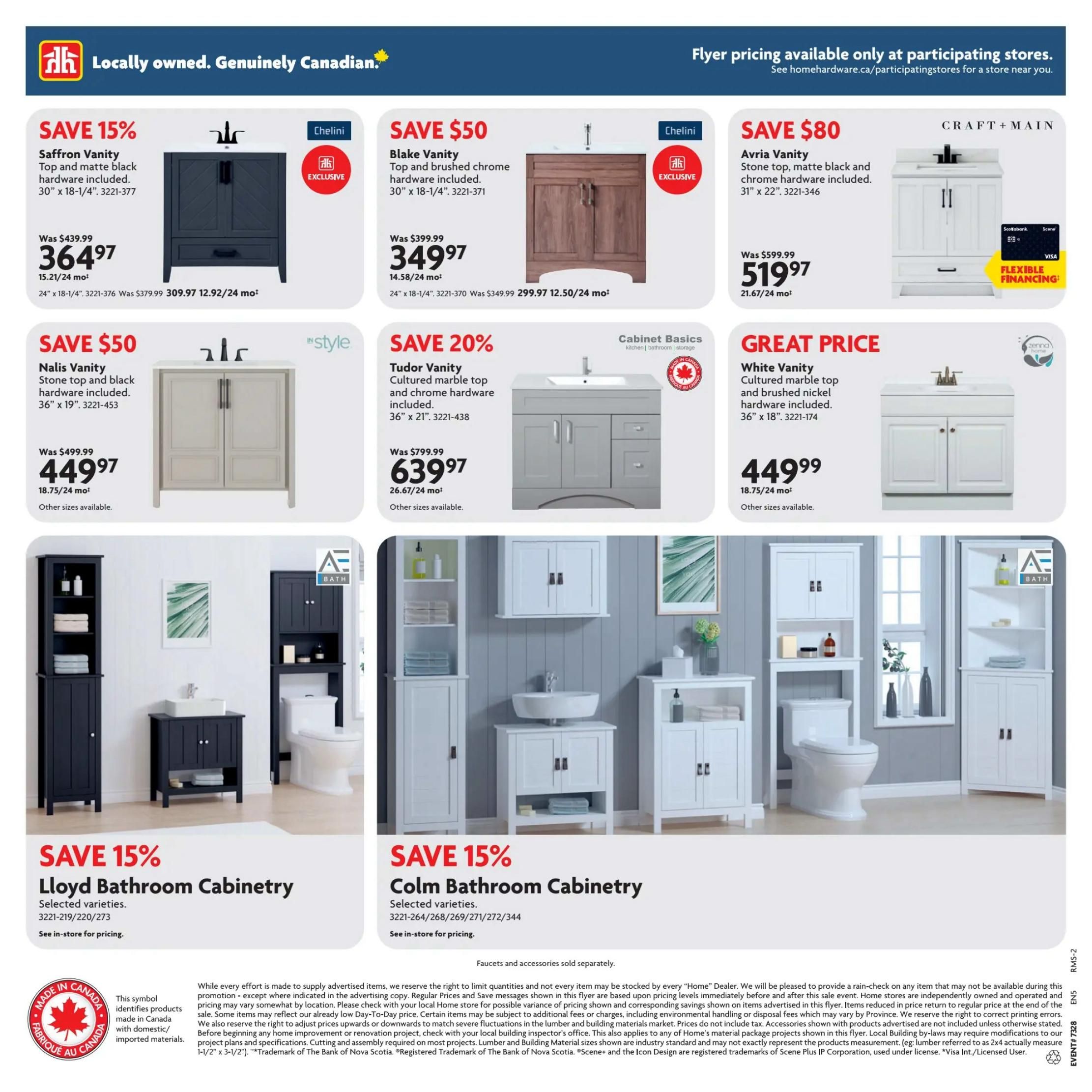 Home Hardware flyer page 8 features bathroom cabinetry sales. Save 15% on Saffron Vanity, 30' x 18-1/4', for $364.97. Save $50 on Blake Vanity, 30' x 18-1/4', for $349.97. Save $80 on Avria Vanity, 31' x 22', for $519.97 with flexible financing available. Save $50 on Nalis Vanity, 36' x 19', for $449.97, other sizes available. Save 20% on Tudor Vanity, 36' x 21', for $639.97, other sizes available. Great Price on White Vanity, 36' x 18', for $449.99, other sizes available. Save 15% on Lloyd Bathroom Cabinetry, selected varieties, see in-store for pricing. Save 15% on Colm Bathroom Cabinetry, selected varieties, see in-store for pricing. Faucets and accessories sold separately. The flyer highlights 'Made in Canada' products. Pricing is valid from July 9 to August 5, 2026.