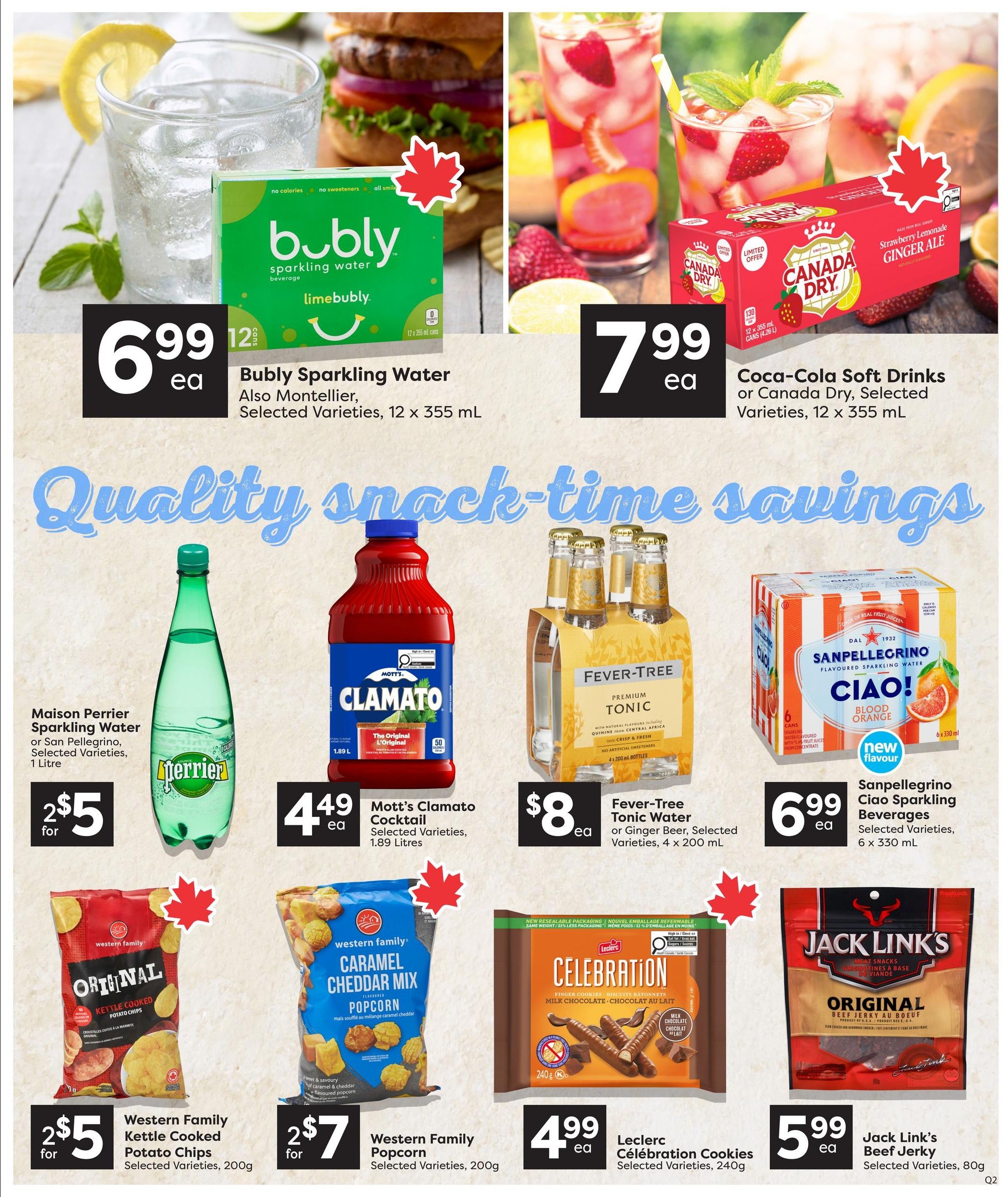 Quality Foods weekly flyer specials page 10 features a variety of snack and beverage deals. Top row includes Bubly Sparkling Water, Limebubly, 12 x 355 mL cans for $6.99, and Coca-Cola Soft Drinks or Canada Dry, Selected Varieties, 12 x 355 mL cans for $7.99. The middle row showcases Maison Perrier Sparkling Water or San Pellegrino Sparkling Water, Selected Varieties, 1 Litre for 2 for $5, Mott's Clamato Cocktail, Selected Varieties, 1.89 Litres for $4.49 each, Fever-Tree Tonic Water or Ginger Beer, Selected Varieties, 4 x 200 mL bottles for $8 each, and Sanpellegrino Ciao Sparkling Beverages, Blood Orange flavour, 6 x 330 mL cans for $6.99. The bottom row highlights Western Family Kettle Cooked Potato Chips, Selected Varieties, 200g for 2 for $5, Western Family Popcorn, Caramel Cheddar Mix, Selected Varieties, 200g for 2 for $7, Leclerc Célébration Cookies, Milk Chocolate, Selected Varieties, 240g for $4.99 each, and Jack Link's Beef Jerky, Original flavour, Selected Varieties, 80g for $5.99 each.