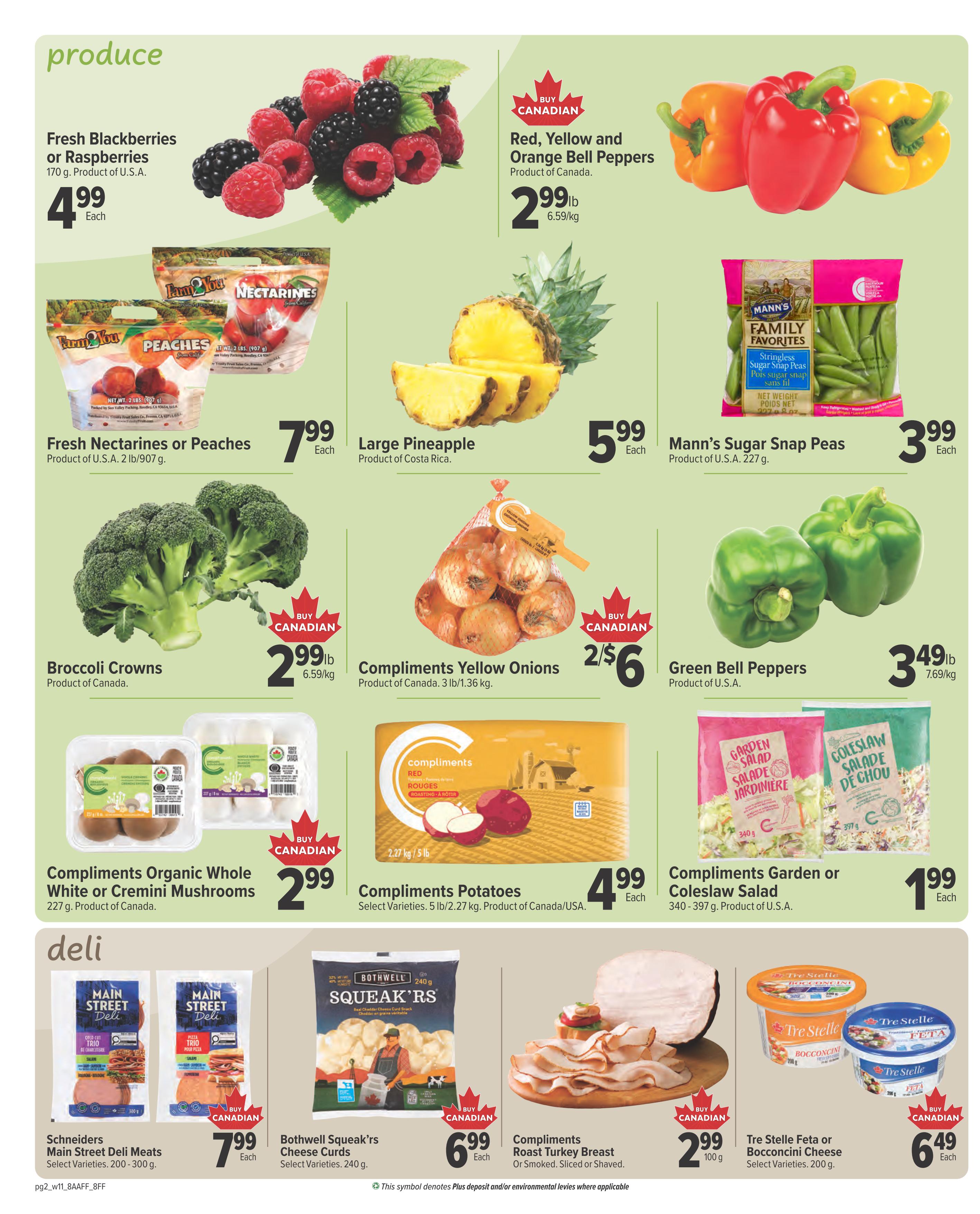 Family Foods weekly flyer specials page 2 features a variety of produce and deli items. Produce includes Fresh Blackberries or Raspberries for $4.99 each, Fresh Nectarines or Peaches for $7.99 each, Red, Yellow and Orange Bell Peppers for $2.99lb, Large Pineapple for $5.99 each, Mann's Sugar Snap Peas for $3.99 each, Broccoli Crowns for $2.99lb, Compliments Yellow Onions for 2 for $6, Green Bell Peppers for $3.49lb, Compliments Organic Whole White or Cremini Mushrooms for $2.99 each, Compliments Potatoes for $4.99 each, and Compliments Garden or Coleslaw Salad for $1.99 each. Deli items include Schneiders Main Street Deli Meats for $7.99 each, Bothwell Squeak'rs Cheese Curds for $6.99 each, Compliments Roast Turkey Breast for $2.99 per 100g, and Tre Stelle Feta or Bocconcini Cheese for $6.49 each.