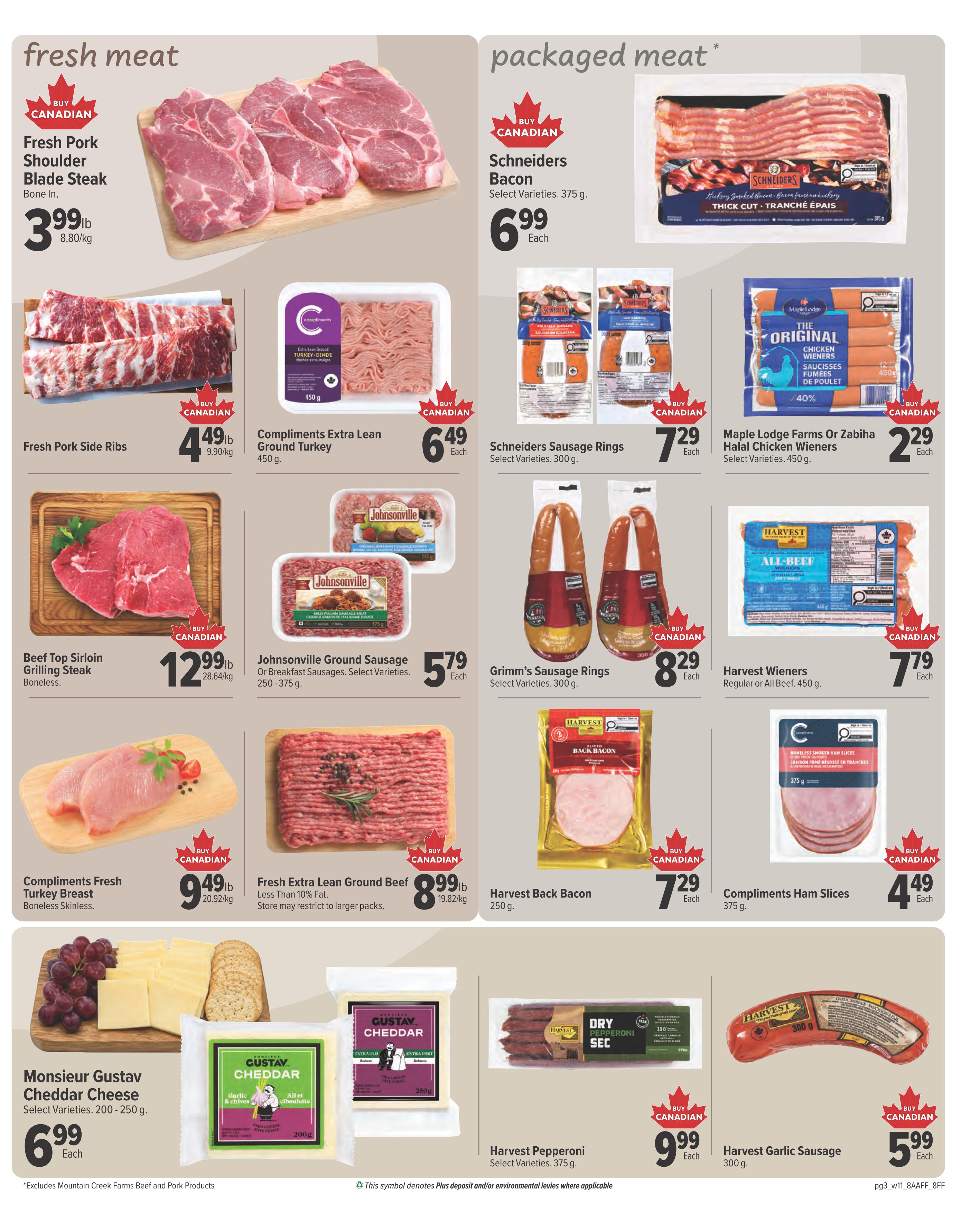 Family Foods weekly flyer specials, Page 3. Fresh meat section features Canadian Pork Shoulder Blade Steak Bone In for $3.99/lb, Fresh Pork Side Ribs for $4.49/lb, Compliments Extra Lean Ground Turkey 450g for $6.49 each, Beef Top Sirloin Grilling Steak Boneless for $12.99/lb, Compliments Fresh Turkey Breast Boneless Skinless for $9.49/lb, and Fresh Extra Lean Ground Beef Less Than 10% Fat for $8.99/lb. Packaged meat section includes Schneiders Bacon Thick Cut 375g for $6.99 each, Schneiders Sausage Rings Select Varieties 300g for $7.29 each, Grimm's Sausage Rings Select Varieties 300g for $8.29 each, Maple Lodge Farms Or Zabiha Halal Chicken Wieners Select Varieties 450g for $2.29 each, Harvest Wieners Regular or All Beef 450g for $7.79 each, Harvest Back Bacon 250g for $7.29 each, Compliments Ham Slices 375g for $4.49 each. Also featured are Johnsonville Ground Sausage or Breakfast Sausages Select Varieties 250-375g for $5.79 each. The bottom section showcases Monsieur Gustav Cheddar Cheese Select Varieties 200-250g for $6.99 each, Harvest Pepperoni Select Varieties 375g for $9.99 each, and Harvest Garlic Sausage 300g for $5.99 each. A note indicates that this symbol denotes Plus deposit and/or environmental levies where applicable.