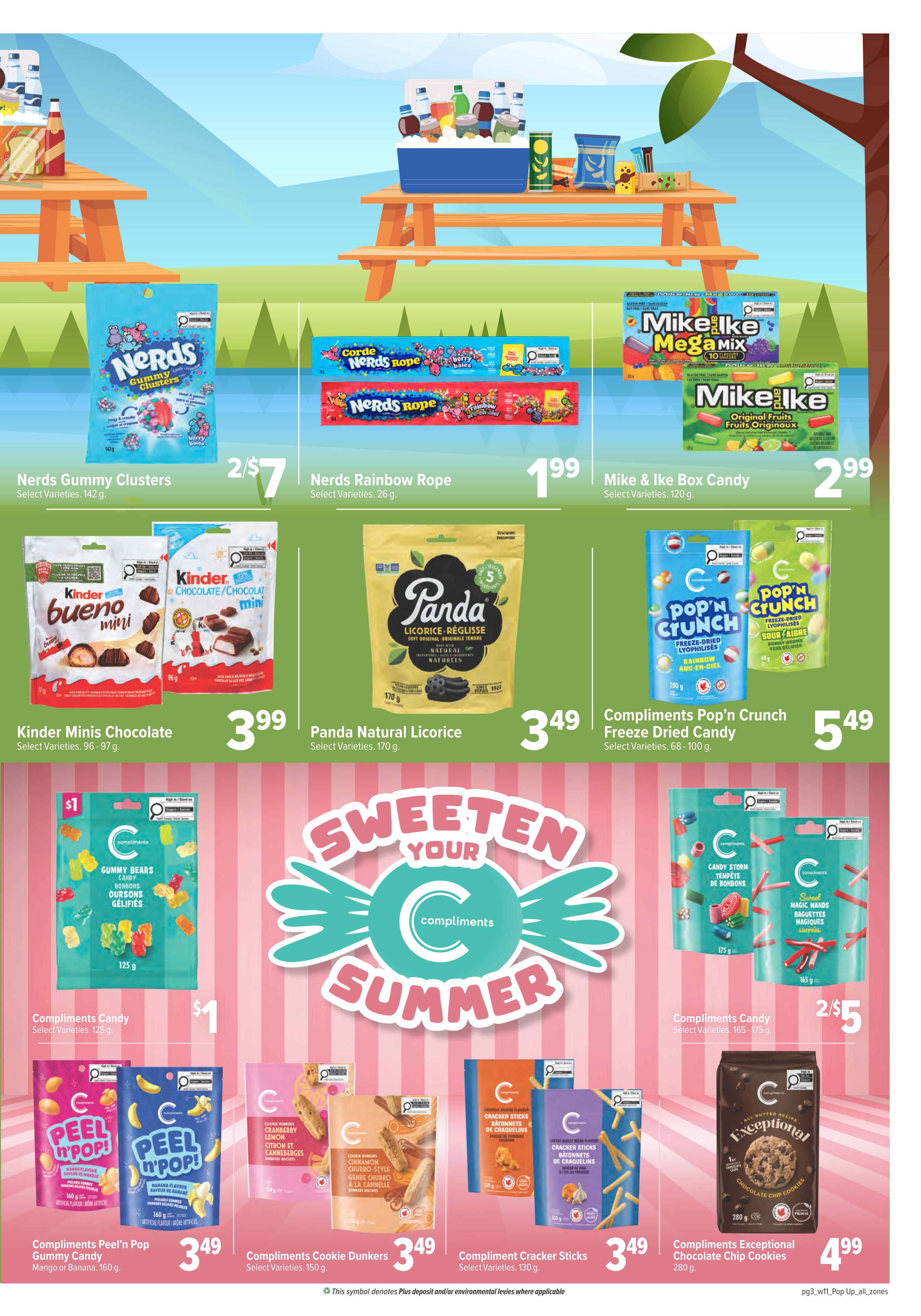 Family Foods weekly flyer specials, page 11. Featured are Nerds Gummy Clusters for 2 for $7, Nerds Rainbow Rope for $1.99, and Mike & Ike Box Candy for $2.99. Also available are Kinder Minis Chocolate for $3.99 and Panda Natural Licorice for $3.49. Compliments Pop'n Crunch Freeze Dried Candy is on sale for $5.49. Compliments Candy Gummy Bears are $1. Compliments Peel'n Pop Gummy Candy (Mango or Banana) is $3.49. Compliments Cookie Dunkers are $3.49. Compliments Candy Storm and Magic Wands are 2 for $5. Finally, Compliments Exceptional Chocolate Chip Cookies are $4.99.