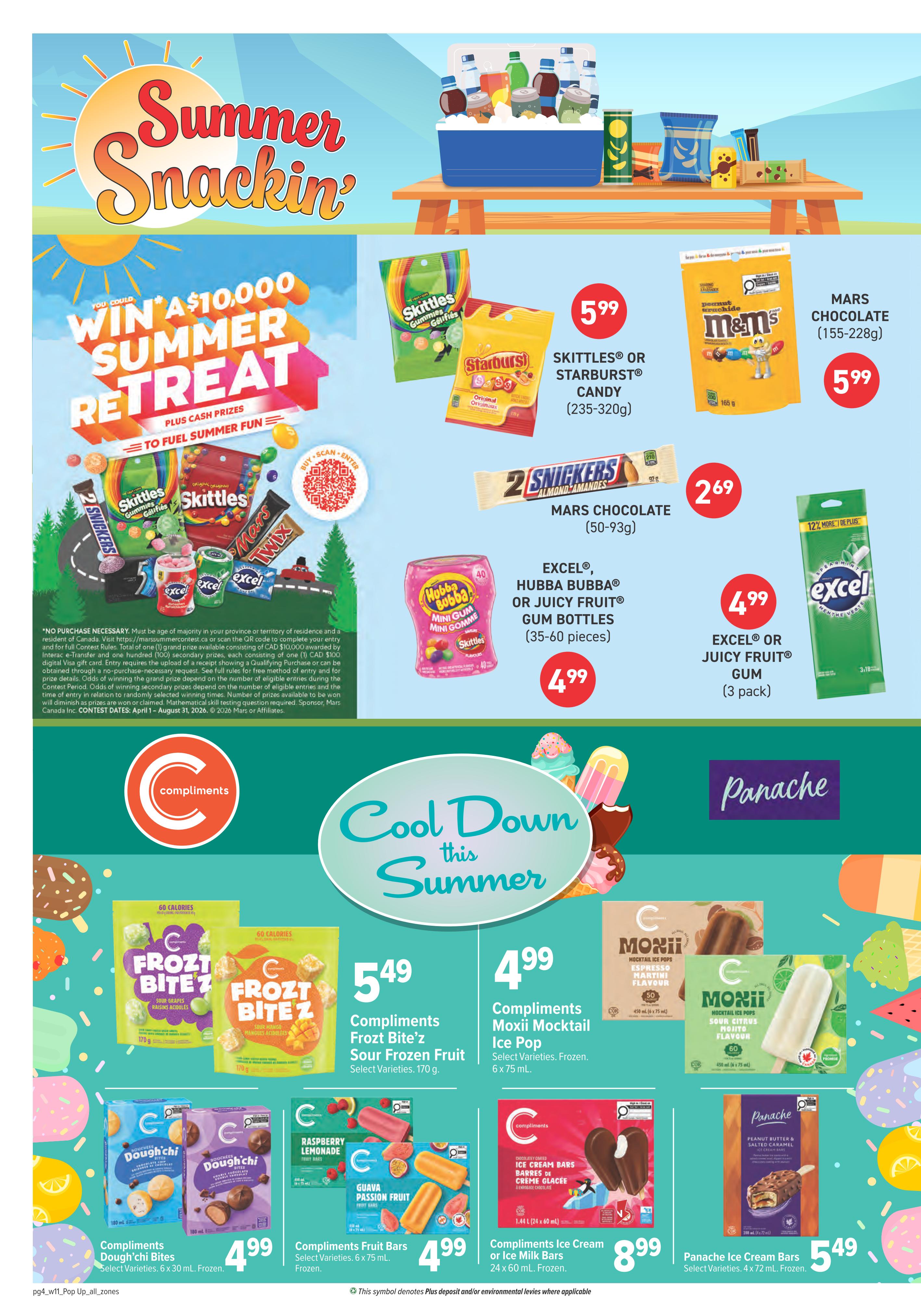 Family Foods weekly flyer specials page 12 features a 'Summer Snacking' theme with a promotion to win a $10,000 Summer Retreat. Featured snacks include Skittles or Starburst Candy for $5.99, Mars Chocolate bars (155-228g) for $5.99, M&M's Peanut Chocolate (165g) for $2.69, and Excel or Juicy Fruit Gum bottles (35-60 pieces) for $4.99. Also available are Excel or Juicy Fruit Gum 3-packs for $4.99. The page highlights Compliments products: Frozt Bite'z Sour Frozen Fruit (170g) for $5.49, Dough'chi Bites (6 x 30 mL, frozen) for $4.99, Fruit Bars (Select Varieties, 6 x 75 mL, frozen) for $4.99, Moxii Mocktail Ice Pops (6 x 75 mL, frozen) for $4.99, Ice Cream Bars or Ice Milk Bars (24 x 60 mL, frozen) for $8.99, and Panache Ice Cream Bars (Select Varieties, 4 x 72 mL, frozen) for $5.49.