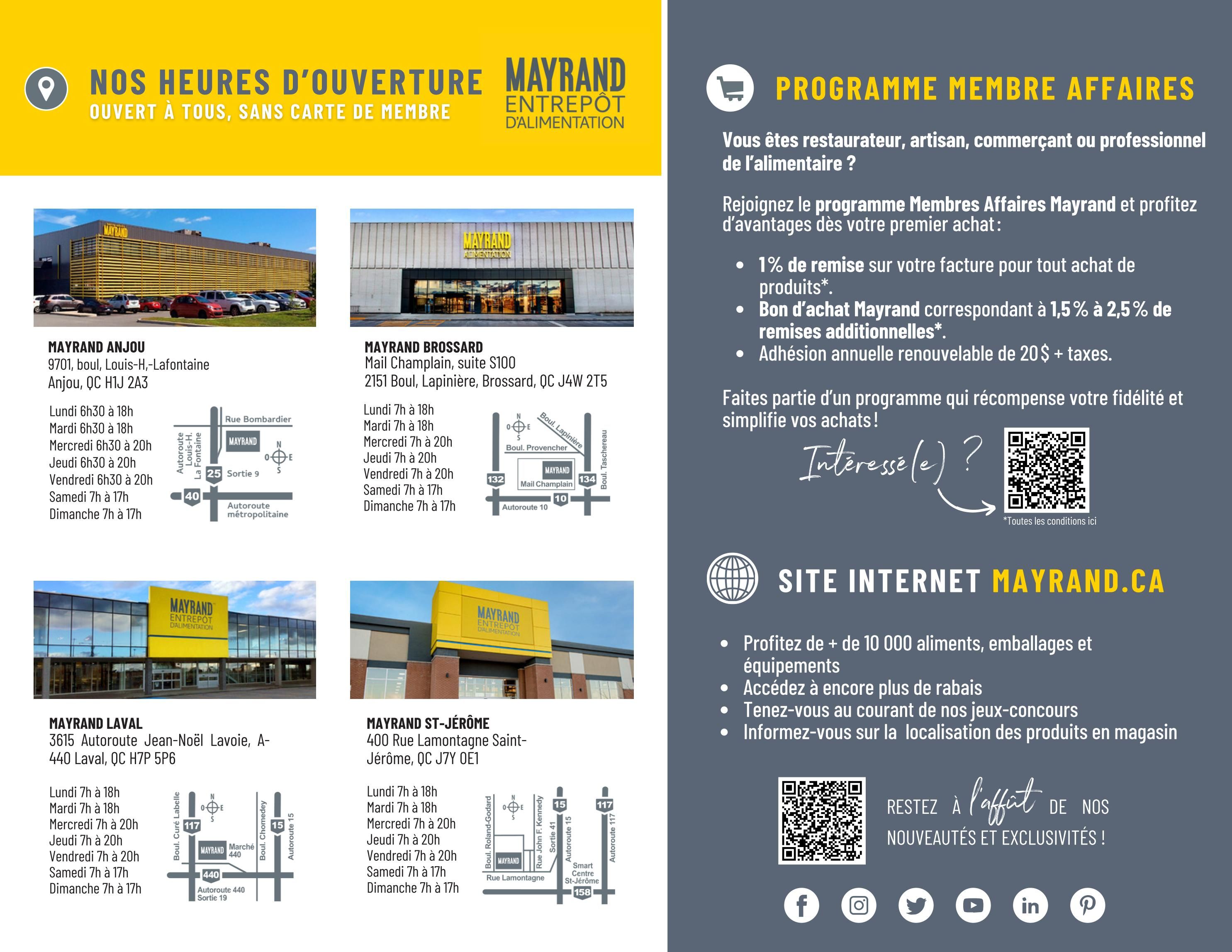 Mayrand flyer page 6 features store locations and business member program details. Store locations include Mayrand Anjou at 9701 boul. Louis-H.-Lafontaine, Anjou, QC H1J 2A3, open Monday to Friday 6:30 am to 6:30 pm, Saturday 7 am to 5 pm, and Sunday 7 am to 5 pm. Mayrand Brossard at 2151 boul. Lapinière, Brossard, QC J4W 2T5, open Monday to Friday 7 am to 7 pm, Saturday 7 am to 5 pm, and Sunday 7 am to 5 pm. Mayrand Laval at 3615 Autoroute Jean-Noël Lavoie, A-440 Laval, QC H7P 5P6, open Monday to Friday 7 am to 6:30 pm, Saturday 7 am to 5 pm, and Sunday 7 am to 5 pm. Mayrand St-Jérôme at 400 Rue Lamontagne Saint-Jérôme, QC J7Y 0E1, open Monday to Friday 7 am to 7 pm, Saturday 7 am to 5 pm, and Sunday 7 am to 5 pm. The page also details the Mayrand Business Member Program, offering 1% off total purchases, Mayrand gift cards from 1.5% to 2.5% of additional purchases, and an annual renewable membership fee of $20 plus taxes. It encourages joining to simplify purchases and reward loyalty. Visit mayrand.ca for over 10,000 food and packaging items, exclusive deals, contests, and product location information. Stay updated on new arrivals and exclusive offers by following Mayrand on Facebook, Instagram, Twitter, YouTube, LinkedIn, and Pinterest.