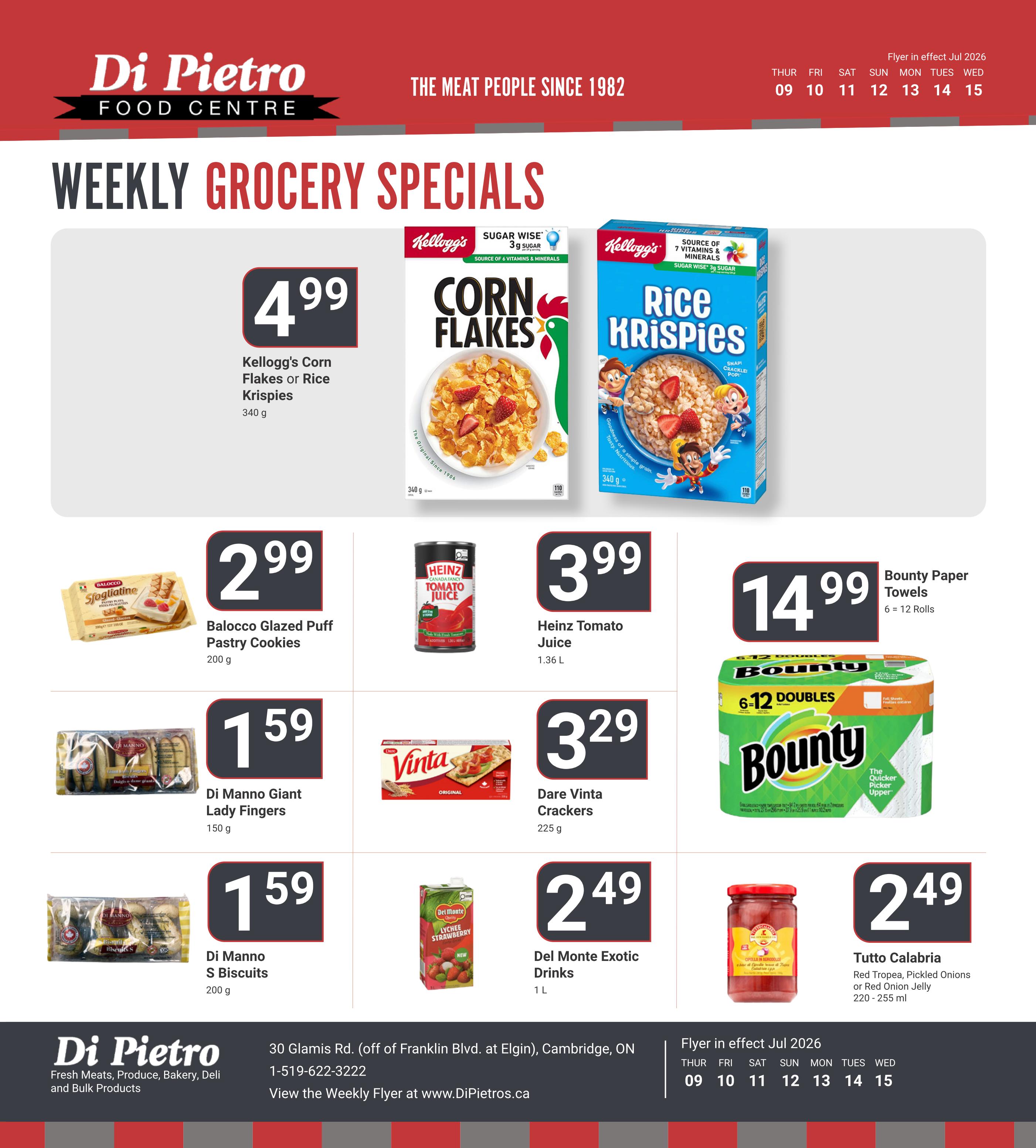Di Pietro Food Centre weekly grocery specials flyer for July 9-15, 2026. Featured items include Kellogg's Corn Flakes or Rice Krispies for $4.99, Balocco Glazed Puff Pastry Cookies for $2.99, Heinz Tomato Juice for $3.99, and Bounty Paper Towels (6=12 rolls) for $14.99. Also on sale are Di Manno Giant Lady Fingers for $1.59, Di Manno S Biscuits for $1.59, Dare Vinta Crackers for $3.29, Del Monte Exotic Drinks for $2.49, and Tutto Calabria Red Tropea, Pickled Onions or Red Onion Jelly for $2.49.