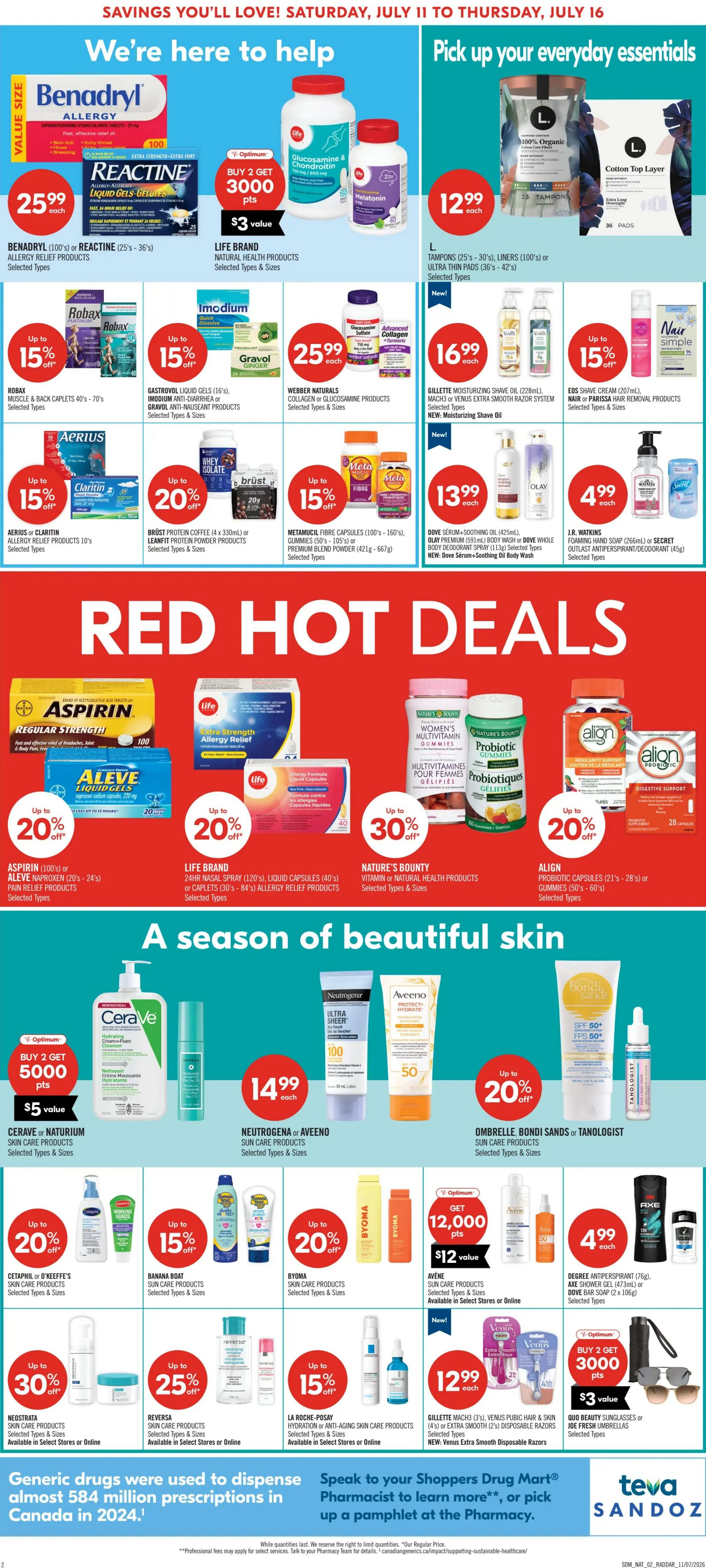Shoppers Drug Mart Atlantic flyer page 5 features 'We're here to help' and 'Pick up your everyday essentials' sections. Offers include Benadryl Allergy Relief products or Reactine (25's - 36's) for $25.99 each, with a 'Buy 2 Get 3000 pts' offer for Life Brand Natural Health Products, valued at $3. L. Tampons (25's - 30's) or Liners (100's) or Ultra Thin Pads (36's - 42's) are $12.99 each. Also featured are Robax Muscle & Back Caplets (40's - 70's) with up to 15% off, Gastrovil Liquid Gels (16's), Imodium Anti-Diarrhea or Gravol Anti-Nauseant Products with up to 15% off, and Webber Naturals Collagen or Glucosamine Products for $25.99 each. New! Gillette Moisturizing Shave Oil (228mL), Mach3 or Venus Extra Smooth Razor System are $16.99 each. EOS Shave Cream (207mL) or Nair or Parissa Hair Removal Products have up to 15% off. Aerius or Claritin Allergy Relief Products have up to 15% off. BrüSt Protein Coffee (4 x 330mL) or LeanFit Protein Powder Products are up to 20% off. Metamucil Fibre Capsules (100's - 160's), Gummies (50's - 105's) or Premium Blend Powder (421g - 667g) have up to 15% off. Dove Serum + Soothing Oil Body Wash (425mL), Olay Premium (59mL) Body Wash or Whole Body Body Spray (113g) are $13.99 each. J.R. Watkins Foaming Hand Soap (266mL) or Secret Outlast Antiperspirant/Deodorant (45g) are $4.99 each. The 'Red Hot Deals' section includes Aspirin (100's) or Aleve Naproxen (20's - 24's) Pain Relief Products with up to 20% off. Life Brand 24hr Nasal Spray (120's), Liquid Capsules (40's) or Caplets (30's - 84's) Allergy Relief Products have up to 20% off. Nature's Bounty Vitamin or Natural Health Products have up to 30% off. Align Probiotic Capsules (21's - 28's) or Gummies (50's - 60's) have up to 20% off. 'A season of beautiful skin' features CeraVe or Naturium Skin Care Products with a 'Buy 2 Get 5000 pts' offer, valued at $5. Neutrogena or Aveeno Sun Care Products are $14.99 each. Ombrelle Bondi Sands or Tanologist Sun Care Products have up to 20% off. Cetaphil or O'Keeffe's Skin Care Products have up to 20% off. Banana Boat Sun Care Products have up to 15% off. Byoma Skin Care Products have up to 20% off. Avène Sun Care Products have a 'Get 12,000 pts' offer, valued at $12. Degree Antiperspirant (76g), Axe Shower Gel (475mL) or Dove Shower Soap (2 x 106g) are $4.99 each. Neostrata Skin Care Products have up to 30% off. Reversa Skin Care Products have up to 25% off. La Roche-Posay Hydration or Anti-Aging Skin Care Products have up to 15% off. New! Gillette Mach3 (3's), Venus Pubic Hair & Skin (4's) or Extra Smooth (2's) Disposable Razors are $12.99 each. Buy 2 Get 3000 pts offer for Duo Sunglasses or Joe Fresh Umbrellas, valued at $3. The page also highlights that generic drugs were used to dispense almost 584 million prescriptions in Canada in 2024, and encourages speaking to a Shoppers Drug Mart Pharmacist.