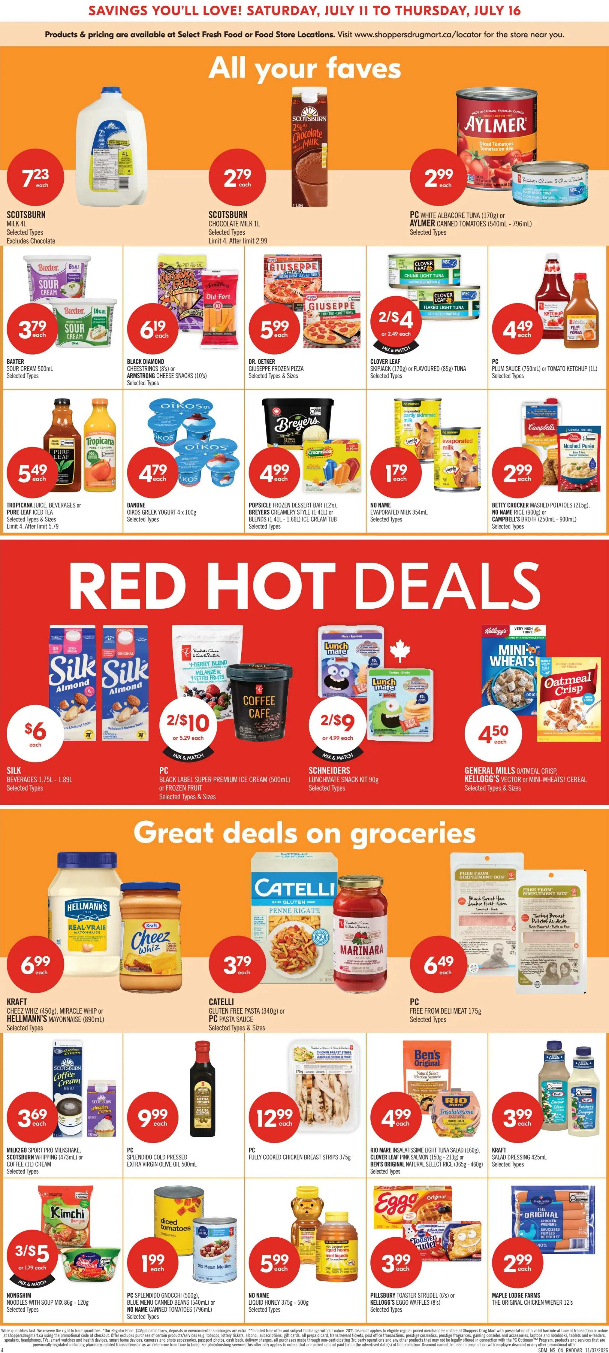 Shoppers Drug Mart Atlantic flyer page 6 featuring 'All Your Faves', 'Red Hot Deals', and 'Great Deals on Groceries'. Featured items include Scotsturn Milk 4L for $7.23, Scotsturn 2% Chocolate Milk 1L for $2.79, Aylmer Diced Tomatoes (170g) or PC White Albacore Tuna (170g) for $2.99, Baxter Sour Cream 500ml for $3.79, Black Diamond Cheestrings (8's) or Armstrong Cheese Snacks (10's) for $6.19, Dr. Oetker Giuseppe Frozen Pizza for $5.99, Clover Leaf Skipjack or Flavoured Tuna for 2 for $4, PC Plum Sauce (750ml) or Tomato Ketchup (1L) for $4.49. Red Hot Deals include Silk Beverages (1.75L - 1.89L) for $6, PC Black Label Super Premium Ice Cream (500ml) or Frozen Fruit for 2 for $10, Schneiders Lunchmate Snack Kit 90g for 2 for $9, and General Mills Oatmeal Crisp or Kellogg's Vector or Mini-Wheats Cereal for $4.50. Great Deals on Groceries include Kraft Cheez Whiz (450g), Miracle Whip or Hellmann's Mayonnaise (890ml) for $6.99, Catelli Gluten Free Pasta (340g) or PC Pasta Sauce for $3.79, PC Free From Deli Meat 175g for $6.49. Other deals include Milk2Go Sport Pro Milkshake, Scotsturn Whipping (473ml) or Coffee (1L) Cream for $3.69, PC Splendido Cold Pressed Extra Virgin Olive Oil 500ml for $9.99, PC Fully Cooked Chicken Breast Strips 375g for $12.99, Rio Mare Insalatissime Light Tuna Salad (160g), Clover Leaf Pink Salmon (150g) or Ben's Original Natural Select Rice (360g - 460g) for $4.99, Kraft Salad Dressing 425ml for $3.99, Nongshim Noodles with Soup Mix 86g - 120g for 3 for $5, PC Splendido Gnocchi (540g) or Blue Menu Canned Tomatoes (340ml) or PC No Name Canned Tomatoes (796ml) for $1.99, No Name Liquid Honey 375g - 500g for $5.99, Pillsbury Toaster Strudel (6's) or Kellogg's Eggo Waffles (8's) for $3.99, and Maple Lodge Farms The Original Chicken Wiener 12's for $2.99.