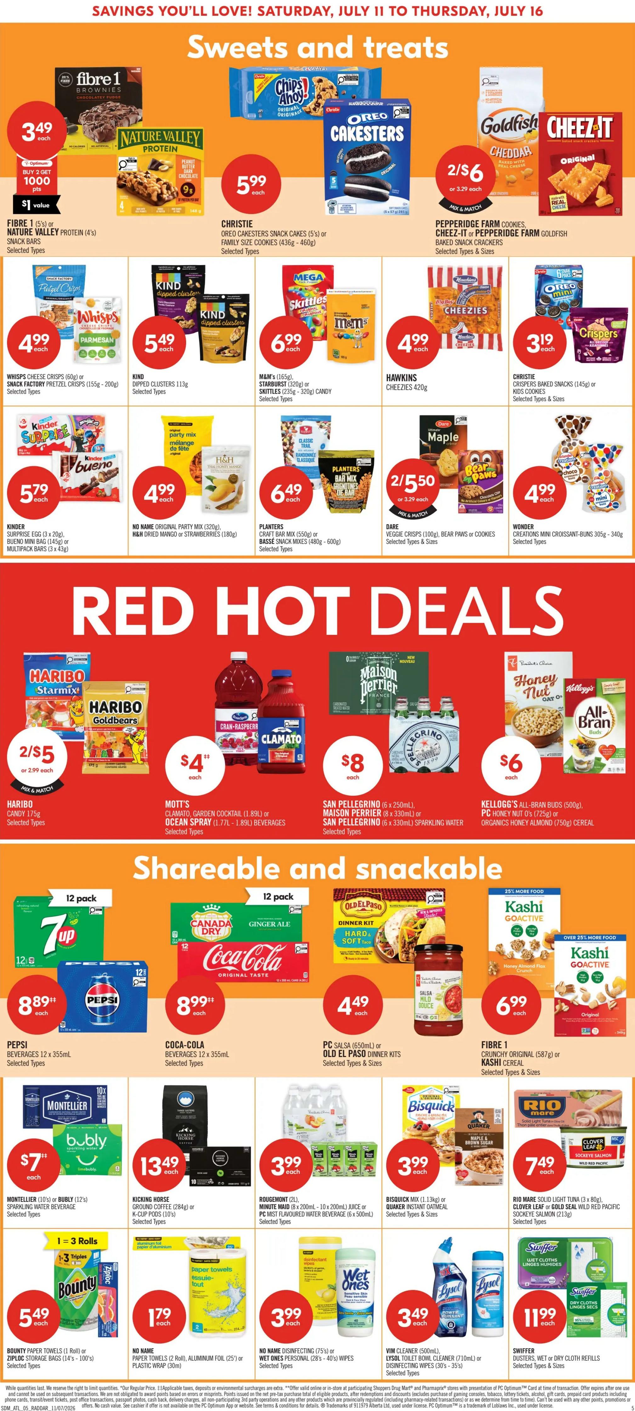 Shoppers Drug Mart Atlantic flyer page 8 features 'Sweets and Treats' with Fibre 1 snack bars for $3.49, Nature Valley Protein bars, Christie Oreo Cakesters for $5.99, Christie Family Size cookies, Pepperidge Farm cookies, Cheez-It or Goldfish crackers, Whisp's cheese crisps or Snack Factory pretzel crisps for $4.99, Kind dipped clusters for $5.49, M&M's, Skittles or Starburst candy for $6.99, Hawkins Cheezies for $4.99, and Christie Crispers baked snacks or kids cookies for $3.19. Also featured are Kinder Surprise eggs or mini bars for $5.79, No Name original party mix or H&H dried mango or strawberries for $4.99, Planters craft bar mix or basse snack mixes for $6.49, and Dare veggie crisps, Bear Paws or cookies for $2.50 for 550g. The 'Red Hot Deals' section includes Haribo Starmix or Goldbears for $2 for $5, Mott's Clamato cocktail or Ocean Spray for $4, San Pellegrino sparkling water for $8, and Kellogg's All-Bran Buds or Honey Nut O's or All-Bran cereal for $6. The 'Shareable and Snackable' section offers Pepsi 12 x 355ml for $8.89, Coca-Cola 12 x 355ml for $8.99, PC Salsa or Old El Paso dinner kits for $4.49, Montellier or Bubly sparkling water for $7, Kicking Horse ground coffee or K-Cup pods for $13.49, Rougemont juice or PC Mist flavoured water for $3.99, Bisquick mix or Quaker instant oatmeal, Rio Mare solid tuna or Clover Leaf wild pacific salmon for $7.49. Additionally, Bounty paper towels for $5.49, No Name paper towels or aluminum foil for $1.79, No Name disinfecting wipes for $3.99, Vim cleaner for $3.49, and Swiffer dry cloth refills for $11.99 are available.