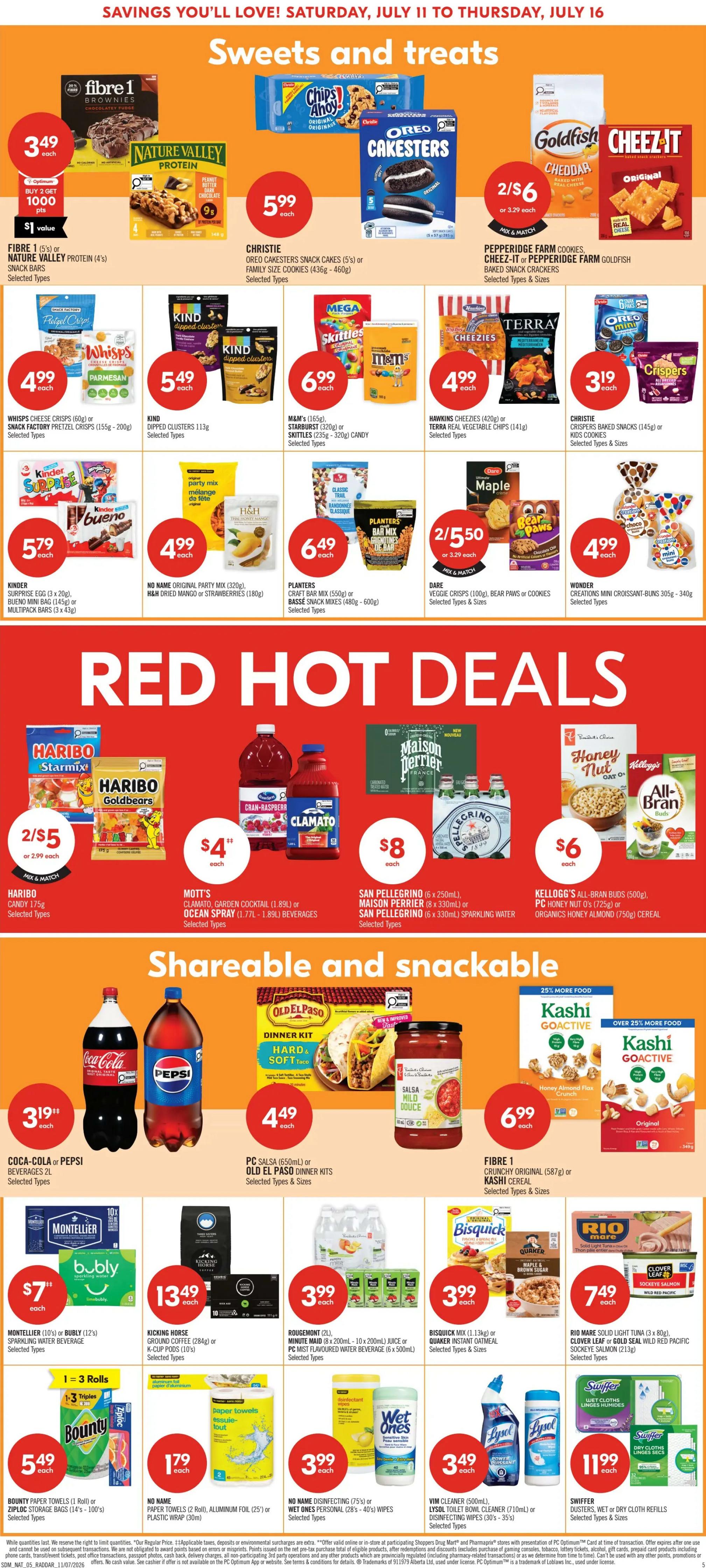 Shoppers Drug Mart flyer page 8 featuring 'Sweets and treats', 'Red Hot Deals', and 'Shareable and snackable' sections. In 'Sweets and treats', find Fibre 1 protein bars for $3.49 each with a buy 2 get 1000 points offer, Nature Valley protein bars, Christie snack cakes for $5.99 each, Pepperidge Farm cookies, Cheez-It or Goldfish crackers for 2 for $6, Whisp's cheese crisps or Snack Factory pretzel crisps for $4.99 each, Kind dipped clusters for $5.49 each, M&M's, Starburst or Skittles candy for $6.99 each, Hawkins Cheezies or Terra vegetable chips for $4.99 each, and Christie Crispers baked snacks or kids cookies for $3.19 each. Also featured are Kinder Surprise eggs or Bueno bars for $5.79 each, No Name original party mix or H&H dried mango or strawberries for $4.99 each, Planters craft bar mix or basse snack mixes for $6.49 each, and Dare veggie crisps, Bear Paws cookies or snack mixes for 2 for $5.50. The 'Red Hot Deals' section includes Haribo Starmix or Goldbears for 2 for $5, Mott's Clamato cocktail or Ocean Spray for $4 each, San Pellegrino or Maison Perrier sparkling water for $8, and Kellogg's All-Bran buds, PC Honey Nut O's or Organics Honey Almond cereal for $6. The 'Shareable and snackable' section offers Coca-Cola or Pepsi beverages for $3.19 each, Old El Paso dinner kits or PC Salsa for $4.49 each, Fibre 1 crunchy original or Kashi cereal for $6.99 each, Montellier or bubly sparkling water for $7 each, Kicking Horse ground coffee for $13.49 each, Rougemont juice or PC Mist flavoured water for $3.99 each, Bisquick quick or Quaker instant oatmeal for $3.99 each, and Rio Mare solid tuna or Clover Leaf wild red pacific sockeye salmon for $7.49 each. Additionally, Bounty paper towels are $5.49 for 1 roll, No Name paper towels are $1.79 each, No Name disinfecting wipes or Wet Ones wipes are $3.99 each, Vim cleaner or Lysol toilet bowl cleaner are $3.49 each, and Swiffer dry cloth refills are $11.99 each.