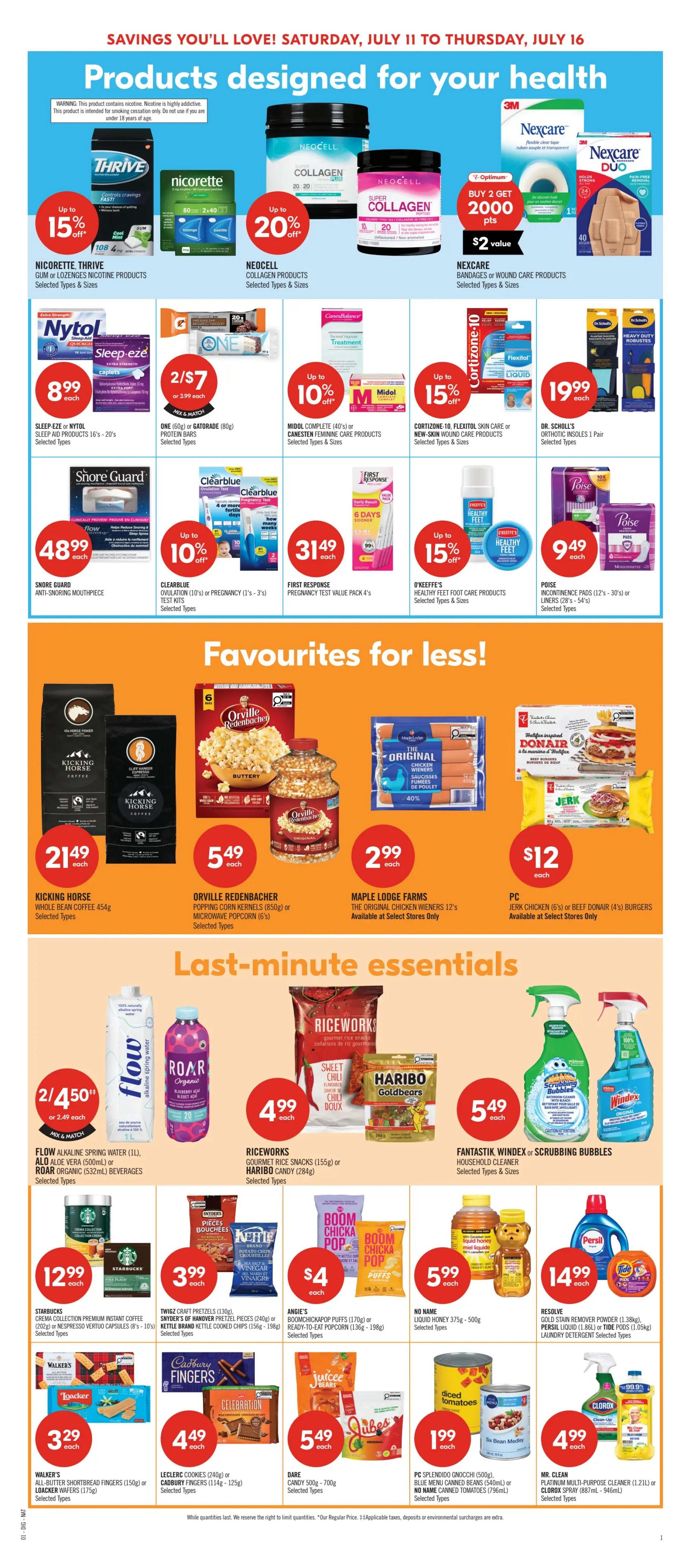 Shoppers Drug Mart flyer page 13 featuring 'Products designed for your health' and 'Favourites for less' and 'Last-minute essentials'. Health products include Nicorette Thrive gum or lozenges for up to 15% off, Neocell Collagen products for up to 20% off, Nexcare bandages or wound care products with a buy 2 get 2000 Optimum points offer, Sleep-eze or Nytol sleep aid products for $8.99 each, One (60g) or Gatorade (80g) protein bars 2 for $7, Midol Complete or Canesten feminine care products for up to 10% off, Cortizone-10 Flexitol skin care or New-Skin wound care products for up to 15% off, and Dr. Scholl's Orthotic Insoles for $19.99 each. Also featured are Shore Guard anti-snoring mouthpieces for $48.99, Clearblue ovulation or pregnancy test kits for up to 10% off, First Response pregnancy test value pack for $31.49, O'Keeffe's healthy feet products for up to 15% off, and Poise incontinence pads or liners for $9.49 each. 'Favourites for less' include Kicking Horse whole bean coffee for $21.49, Orville Redenbacher popping corn kernels or microwave popcorn for $5.49, Maple Lodge Farms original chicken wieners for $2.99, and PC Chicken or Beef Donair burgers for $12. 'Last-minute essentials' include Flow alkaline spring water, Alo Vera, or Roar Organic beverages 2 for $4.50, Riceworks gourmet rice snacks or Haribo candy for $4.99, Fantastik Windex or Scrubbing Bubbles household cleaners for $5.49, Starbucks cream collection premium instant coffee or Nespresso Vertuo capsules for $12.99, Twizzl craft pretzels or Kettle Brand kettle cooked chips for $3.99, Angie's Boomchickapop puffs or microwave popcorn for $4, No Name liquid honey for $5.99, Resolve gold stain remover powder or Tide pods for $14.99, Walker's shortbread fingers or loader crackers for $3.29, Leclerc cookies or Cadbury fingers for $4.49, Dare candy for $5.49, PC Splendido gnocchi, blue menu canned beans, or canned tomatoes for $1.99, and Mr. Clean multi-purpose cleaner or Clorox spray for $4.99.