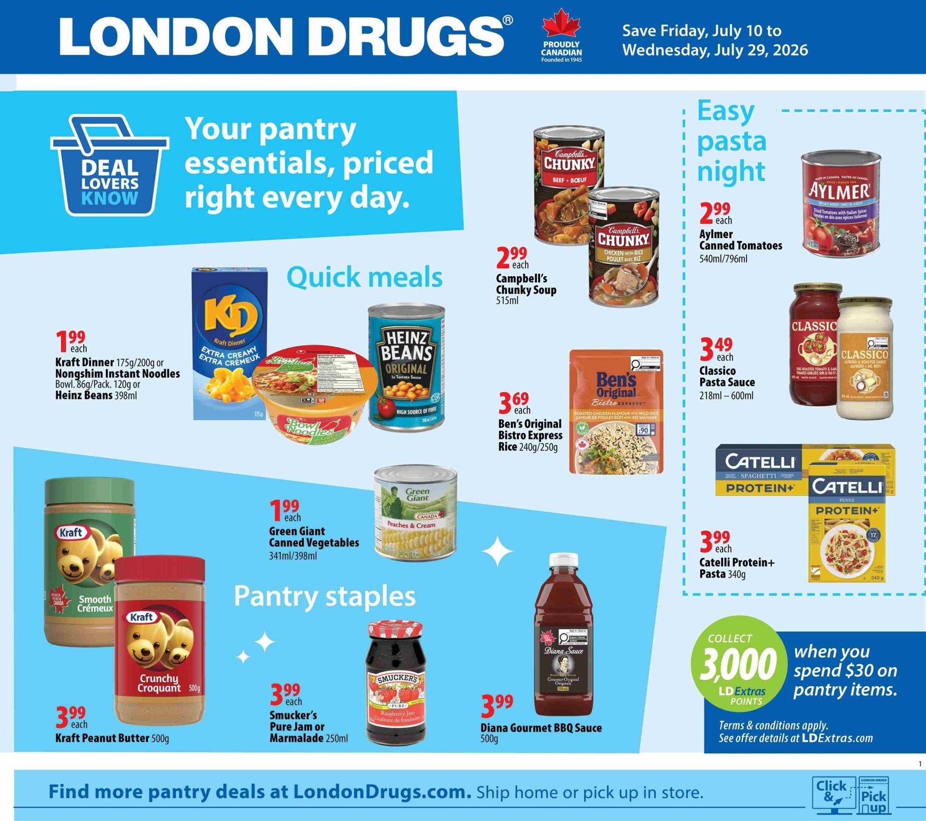 London Drugs flyer featuring pantry essentials. Deals include Kraft Dinner or Nongshim Instant Noodles for $1.99 each, Heinz Beans for $1.99 each, Campbell's Chunky Soup for $2.99 each, Aylmer Canned Tomatoes for $2.99 each, Ben's Original Bistro Express Rice for $3.69 each, Classico Pasta Sauce for $3.49 each, Catelli Protein+ Pasta for $3.99 each, Green Giant Canned Vegetables for $1.99 each, Kraft Peanut Butter for $3.99 each, Smucker's Pure Jam or Marmalade for $3.99 each, and Diana Gourmet BBQ Sauce for $3.99 each. Collect 3,000 LDExtras points when you spend $30 on pantry items. Offer valid July 10 to July 29, 2026.
