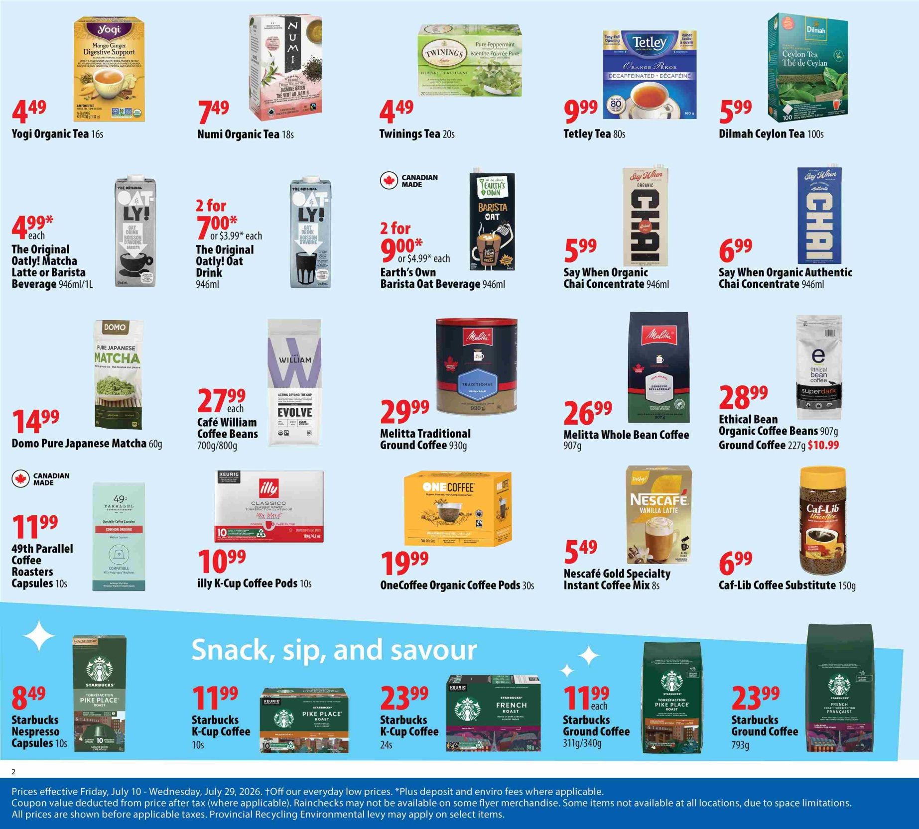 London Drugs flyer page 2 features a variety of beverages and coffee products. Top row includes Yogi Organic Tea Mango Ginger Digestive Support for $4.49, Numi Organic Tea 18s for $7.49, Twinings Tea 20s for $4.49, Tetley Tea 80s for $9.99, and Dilmah Ceylon Tea 100s for $5.99. The second row offers The Original Oatly! Matcha Latte or Barista Beverage 946ml/1L for $4.99 each, The Original Oatly! Oat Drink 946ml at 2 for $7.00 or $3.99 each, and Earth's Own Barista Oat Beverage 946ml at 2 for $9.00 or $4.99 each. Also featured are Say When Organic Chai Concentrate 946ml for $5.99 and Say When Organic Authentic Chai Concentrate 946ml for $6.99. Middle section showcases Domo Pure Japanese Matcha 60g for $14.99, Café William Coffee Beans 700g/800g for $27.99 each, Melitta Traditional Ground Coffee 930g for $29.99, Melitta Whole Bean Coffee 907g for $26.99, and Ethical Bean Organic Coffee Beans 907g Ground Coffee 227g for $10.99. Further down, 49th Parallel Coffee Roasters Capsules 10s are $11.99, Illy K-Cup Coffee Pods 10s are $10.99, OneCoffee Organic Coffee Pods 30s are $19.99, Nescafé Gold Specialty Instant Coffee Mix 8s are $5.49, and Caf-Lib Coffee Substitute 150g is $6.99. The bottom section highlights Starbucks Nespresso Capsules 10s for $8.49, Starbucks K-Cup Coffee 10s for $11.99, Starbucks K-Cup Coffee 24s for $23.99, Starbucks Ground Coffee 311g/340g for $11.99 each, and Starbucks Ground Coffee 793g for $23.99.