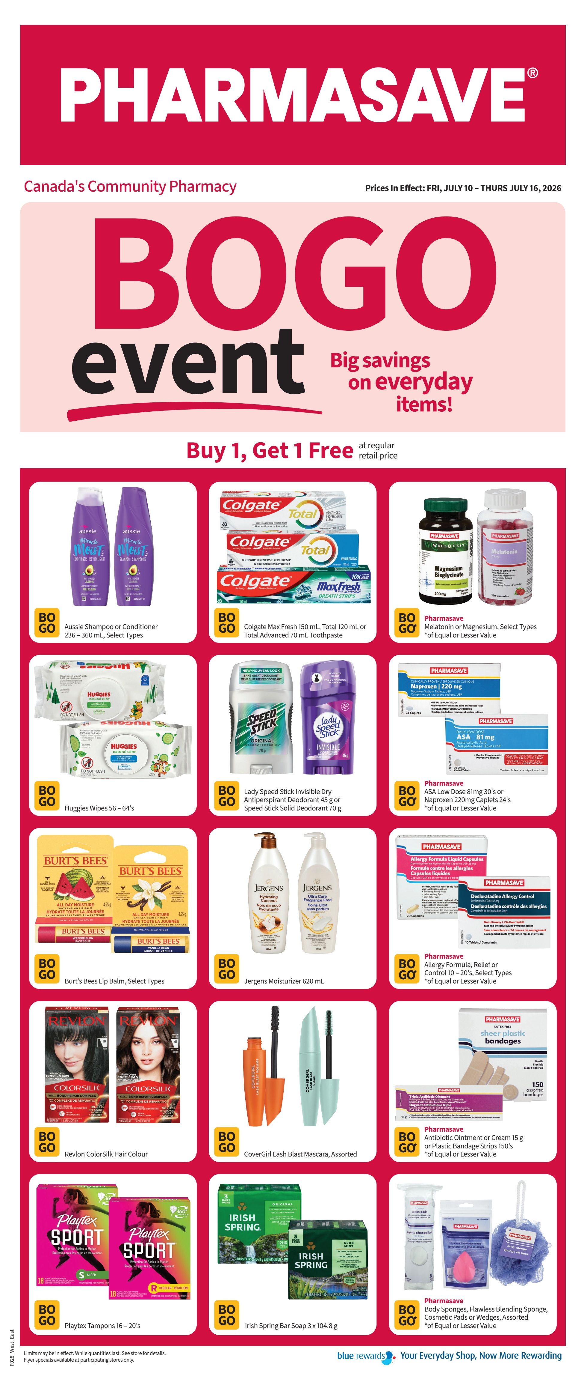 Pharmasave Canada's Community Pharmacy flyer featuring a Buy 1, Get 1 Free BOGO event on everyday items. Featured products include Aussie Shampoo or Conditioner (236-360 mL, select types), Colgate Max Fresh Toothpaste (150 mL) or Total Advanced Toothpaste (70 mL), Pharmasave Magnesium Bisglycinate or Melatonin, Huggies Wipes (56-64's), Lady Speed Stick Invisible Dry Antiperspirant (45 g) or Speed Stick Solid Deodorant (70 g), Pharmasave ASA Low Dose 81mg (30's) or Naproxen 220mg Caplets (24's), Burt's Bees Lip Balm (select types), Jergens Moisturizer (620 mL), Pharmasave Allergy Formula, Relief or Control (10-20's), Revlon ColorSilk Hair Colour, CoverGirl Lash Blast Mascara (assorted), Pharmasave Antibiotic Ointment or Cream (15 g) or Plastic Bandage Strips (150's), Playtex Tampons (16-20's), and Irish Spring Bar Soap (3 x 104.8 g). Also available are Pharmasave Body Sponges, Flawless Blending Sponge, or Cosmetic Pads/Wedges.