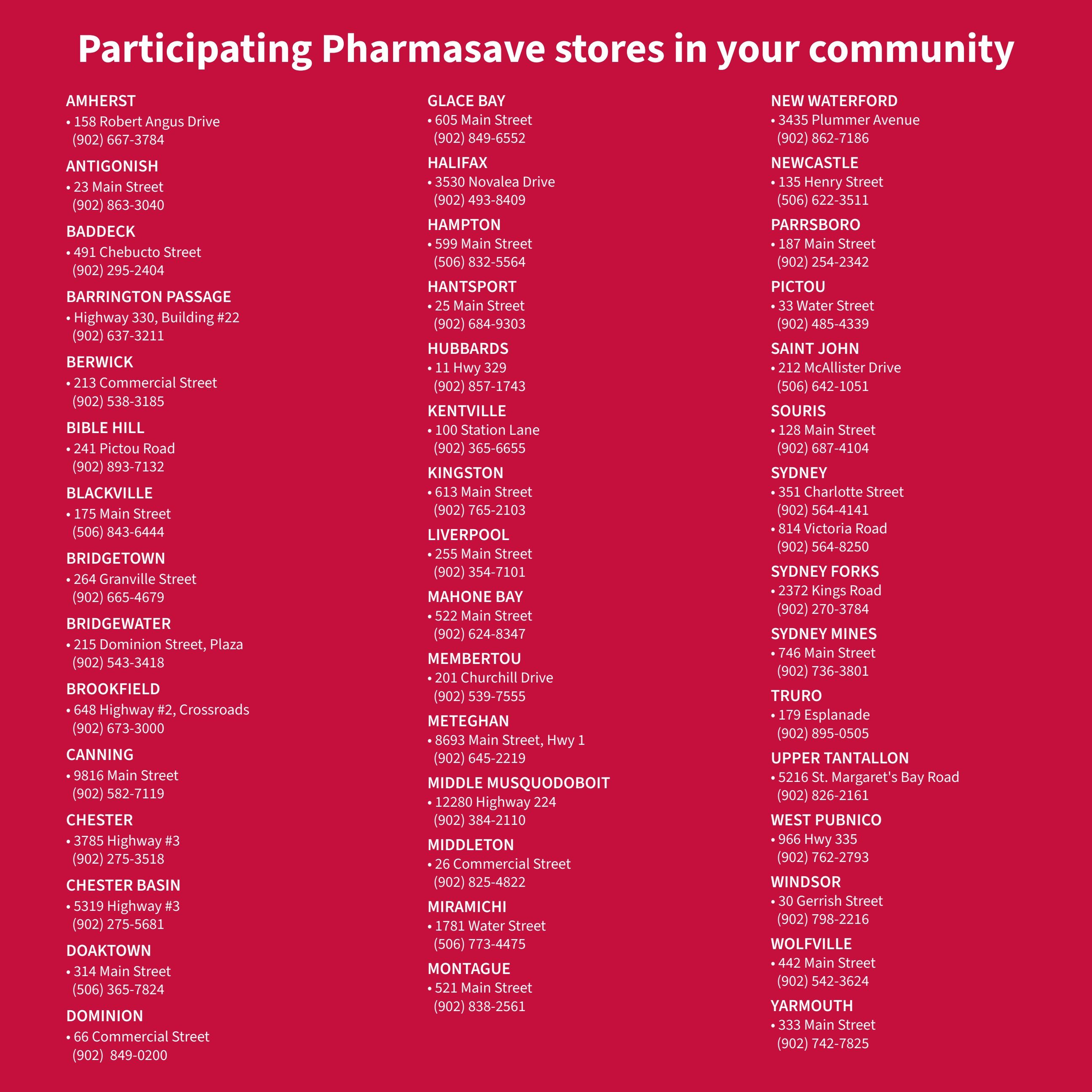 Pharmasave flyer page 3 lists participating store locations across various communities. The page includes store names, addresses, and phone numbers for locations in Amherst, ANTIGONISH, BADDECK, BARRINGTON PASSAGE, BERWICK, BIBLE HILL, BLACKVILLE, BRIDGETOWN, BRIDGEWATER, BROOKFIELD, CANNING, CHESTER, CHESTER BASIN, DOAKTOWN, DOMINION, GLACE BAY, HALIFAX, HAMPTON, HANSTPORT, HUBBARDS, KENTVILLE, KINGSTON, LIVERPOOL, MAHONE BAY, MEMBERTOU, METEGHAN, MIDDLE MUSQUODOBOIT, MIDDLETON, MIRAMICHI, MONTAGUE, NEW WATERFORD, NEWCASTLE, PARRSBORO, PICTOU, SAINT JOHN, SOURIS, SYDNEY, SYDNEY FORKS, SYDNEY MINES, TRURO, UPPER TANTALLON, WEST PUBNICO, WINDSOR, WOLFVILLE, and YARMOUTH. Each listing provides the street address and a contact phone number for the respective Pharmasave store.