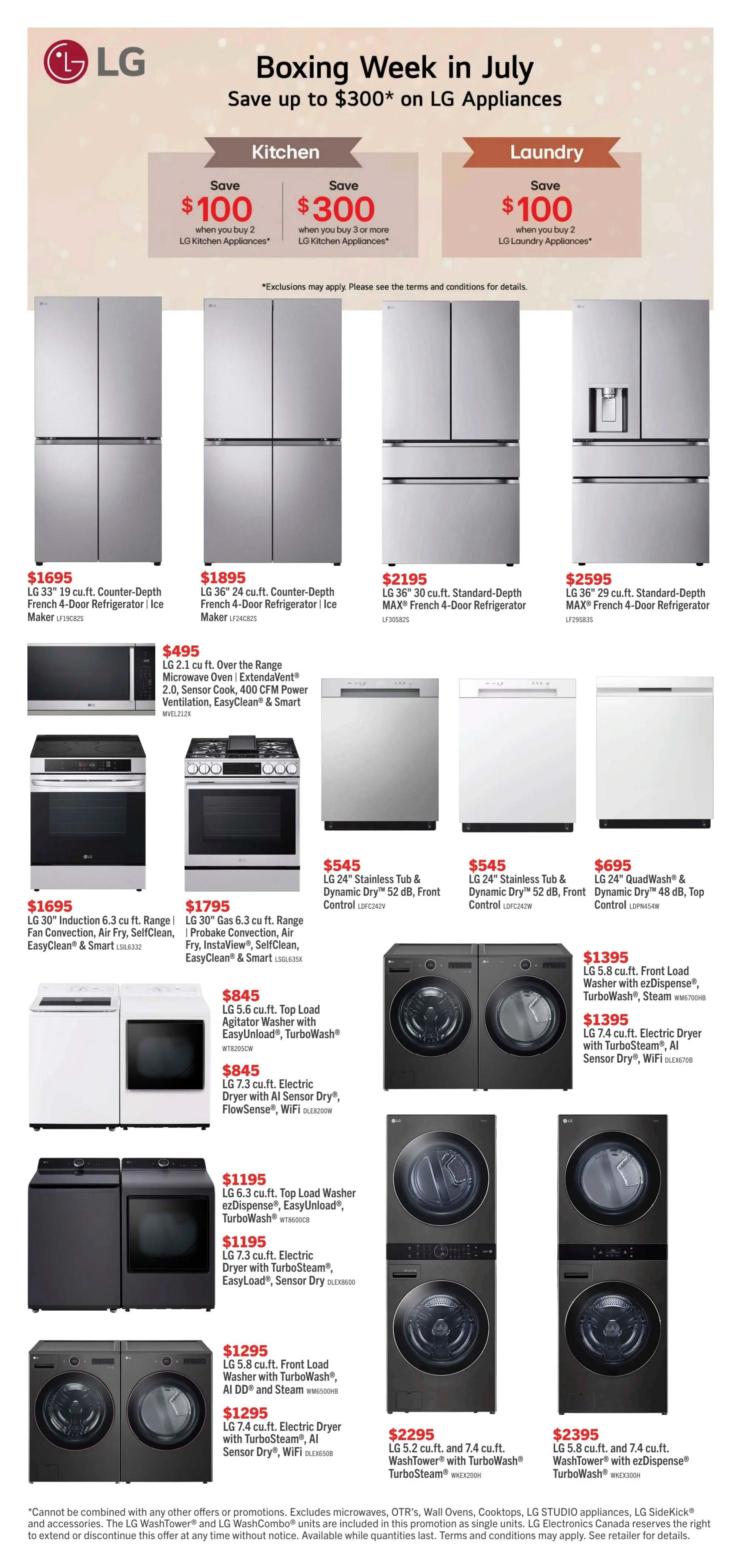 The Brick flyer page 5 features LG appliances with Boxing Week in July savings. Save up to $300 on LG appliances. Kitchen savings include $100 off when you buy 2 LG Kitchen Appliances and $300 off when you buy 3 or more. Laundry savings include $100 off when you buy 2 LG Laundry Appliances. Featured refrigerators include the LG 33' 19 cu.ft. Counter-Depth French 4-Door Refrigerator with Ice Maker for $1695, LG 36' 24 cu.ft. Counter-Depth French 4-Door Refrigerator with Ice Maker for $1895, LG 36' 30 cu.ft. Standard-Depth MAX French 4-Door Refrigerator for $2195, and LG 36' 29 cu.ft. Standard-Depth MAX French 4-Door Refrigerator for $2595. Also available is the LG 2.1 cu.ft. Over the Range Microwave Oven with ExtendaVent 2.0, Sensor Cook, 400 CFM Power Ventilation, EasyClean & Smart features for $495. Dishwashers include the LG 24' Stainless Tub & Dynamic Dry 52 dB, Front Control for $545 and LG 24' QuadWash & Dynamic Dry 48 dB, Top Control for $695. Ranges featured are the LG 30' Induction 6.3 cu.ft. Range with Fan Convection, Air Fry, SelfClean, EasyClean & Smart for $1695 and LG 30' Gas 6.3 cu.ft. Range with Probake Convection, Air Fry, InstaView, SelfClean, EasyClean & Smart for $1795. Laundry pairs include the LG 5.6 cu.ft. Top Load Agitator Washer with EasyUnload, TurboWash for $845 and LG 7.3 cu.ft. Electric Dryer with AI Sensor Dry, FlowSense, WiFi for $845. Another washer option is the LG 6.3 cu.ft. Top Load Washer with ezDispense, EasyUnload, TurboWash for $1195, paired with the LG 7.3 cu.ft. Electric Dryer with TurboSteam, EasyLoad, Sensor Dry for $1195. Also shown are the LG 5.8 cu.ft. Front Load Washer with TurboWash, AI DD and Steam for $1295, and the LG 7.4 cu.ft. Electric Dryer with TurboSteam, AI Sensor Dry, WiFi for $1295. A LG 5.2 cu.ft. and 7.4 cu.ft. WashTower with TurboWash and TurboSteam is available for $2295, and the LG 5.8 cu.ft. and 7.4 cu.ft. WashTower with ezDispense and TurboWash is available for $2395. Exclusions apply. See retailer for details.