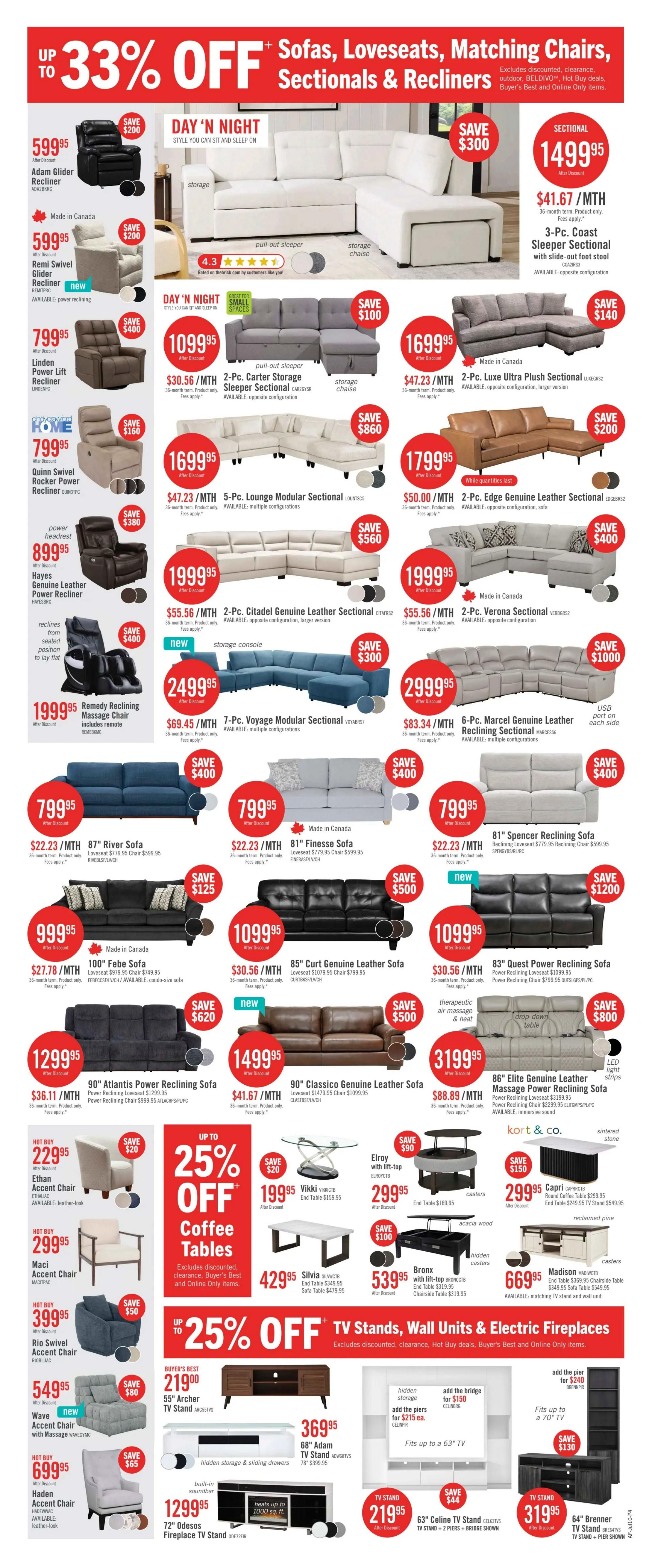 The Brick weekly flyer specials page 7 features up to 33% off sofas, loveseats, matching chairs, sectionals, and recliners. Featured items include the Adam Glider Recliner for $599.95, Remi Swivel Glider Recliner for $599.95, Linden Power Lift Recliner for $799.95, Quinn Swivel Rocker Power Recliner for $799.95, Hayes Genuine Leather Power Recliner for $899.95, and Remedy Reclining Massage Chair for $1999.95. Also on sale are the 2-Pc. Carter Storage Sleeper Sectional for $1099.95, 2-Pc. Luxe Ultra Plush Sectional for $1699.95, 5-Pc. Lounge Modular Sectional for $1699.95, 2-Pc. Citadel Genuine Leather Sectional for $1999.95, 7-Pc. Voyage Modular Sectional for $2499.95, and 6-Pc. Marcel Genuine Leather Reclining Sectional for $2999.95. Other furniture includes the 87' River Sofa for $799.95, 81' Finesse Sofa for $799.95, 100' Febe Sofa for $999.95, 85' Curt Genuine Leather Sofa for $1099.95, 90' Atlantis Power Reclining Sofa for $1299.95, 90' Classico Genuine Leather Sofa for $1499.95, and 86' Elite Genuine Leather Massage Power Reclining Sofa for $3199.95. Accent chairs like the Ethan Accent Chair are $229.95, Maci Accent Chair for $299.95, Rio Swivel Accent Chair for $399.95, Wave Accent Chair for $549.95, and Haden Accent Chair for $699.95. The flyer also highlights up to 25% off Coffee Tables, with items like the Elroy with lift-top for $199.95, Viki End Table for $199.95, Silvia Sectional for $429.95, and Bronx with lift-top for $539.95. Additionally, there are savings on TV Stands, Wall Units & Electric Fireplaces, including the 55' Archer TV Stand for $219.00, 68' Adam TV Stand for $369.95, 72' Odesos Fireplace and TV Stand for $1299.95, 63' Celine TV Stand for $219.95, and 64' Brenner TV Stand for $319.95.