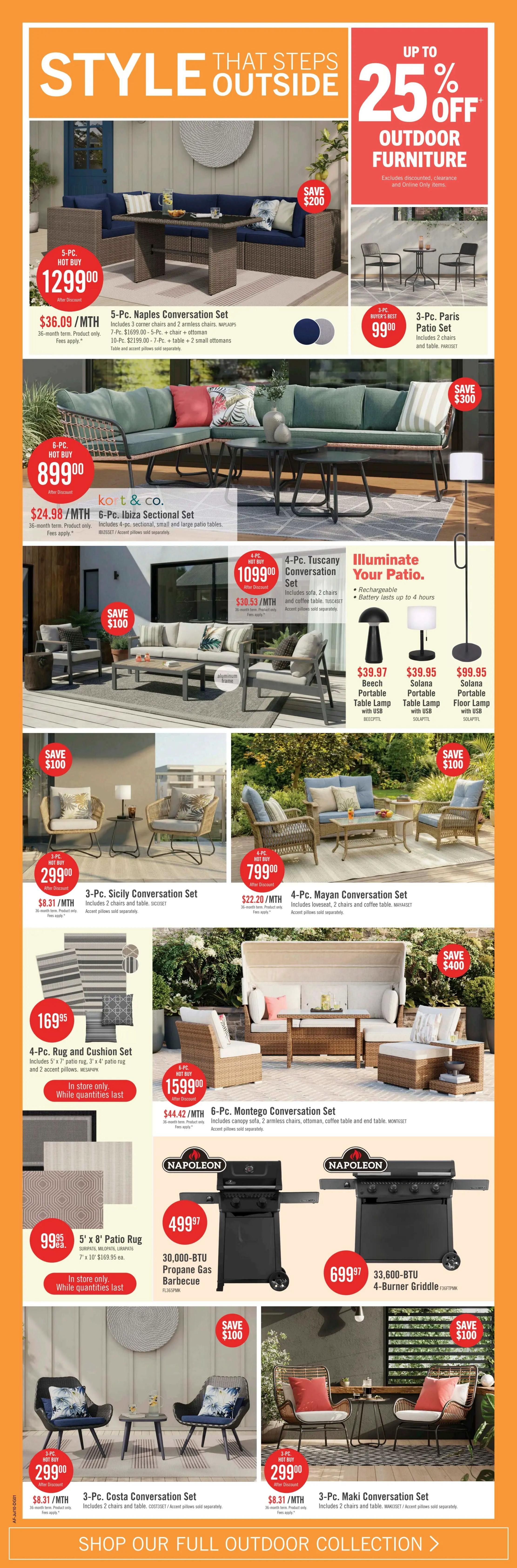 The Brick weekly flyer specials page 13 features up to 25% off outdoor furniture. Highlights include the 5-Pc. Naples Conversation Set for $1299.00 (save $200), with monthly payments of $36.09/MTH. Also featured is the 6-Pc. Ibiza Sectional Set by KOT & CO. for $899.00, with monthly payments of $24.98/MTH. The 4-Pc. Tuscany Conversation Set is on hot buy for $1099.00 (save $100), with monthly payments of $30.53/MTH. Other outdoor furniture includes the 3-Pc. Sicily Conversation Set for $299.00 (save $100) and the 4-Pc. Mayan Conversation Set for $799.00 (save $100). There's also a 6-Pc. Montego Conversation Set for $1599.00 (save $400). Accessories include a 4-Pc. Rug and Cushion Set for $169.95 and 5' x 8' Patio Rugs for $99.95 each. For grilling, the Napoleon 30,000-BTU Propane Gas Barbecue is $499.97, and the Napoleon 33,600-BTU 4-Burner Griddle is $699.97. Portable table lamps are available starting at $39.97, and a floor lamp is $99.95. The 3-Pc. Costa Conversation Set is $299.00 and the 3-Pc. Maki Conversation Set is $299.00.