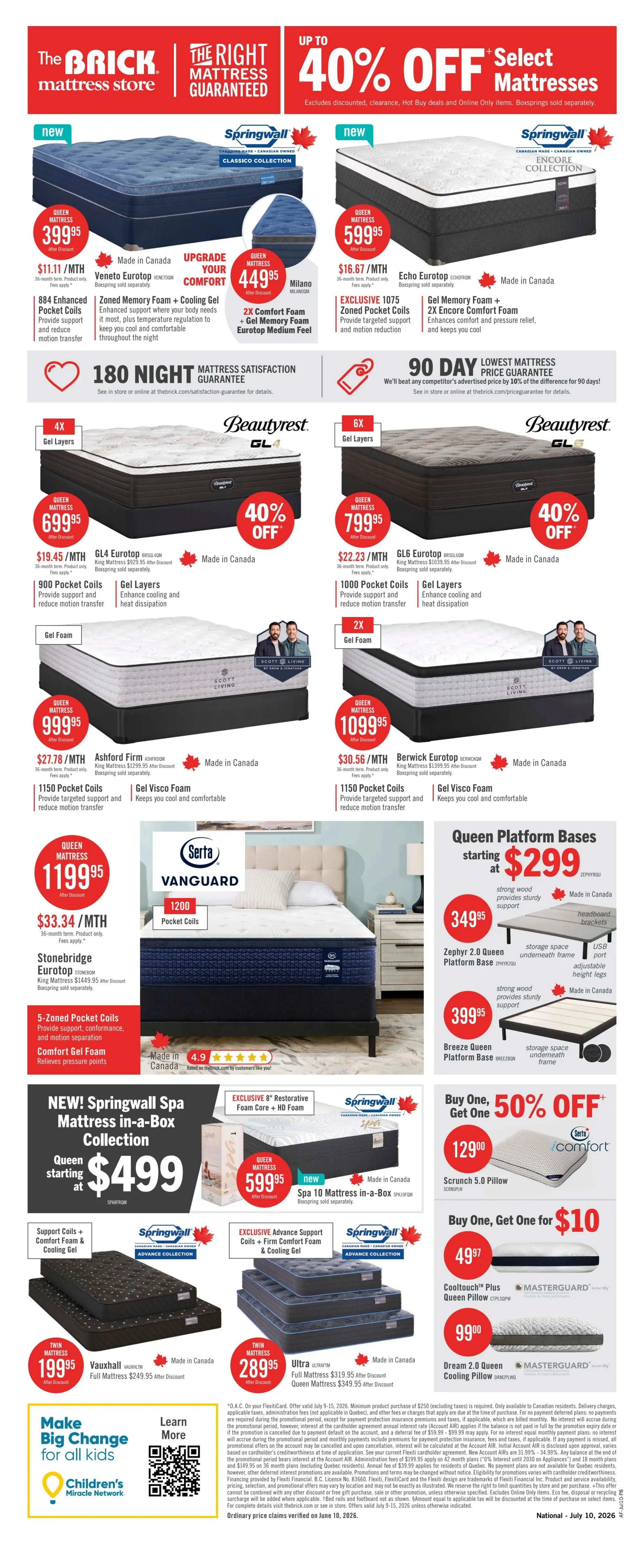 The Brick mattress store flyer page 15 features up to 40% off select mattresses. Featured mattresses include the Veneto Eurotop Queen for $399.95, Milano Queen for $449.95, Echo Eurotop Queen for $599.95, GL4 Eurotop Queen for $699.95, GL6 Eurotop Queen for $799.95, Ashford Firm Queen for $999.95, and Berwick Eurotop Queen for $1099.95. The Serta Vanguard Queen mattress is $1199.95. Also available are Queen Platform Bases starting at $299, with options like the Zephyr 2.0 Queen Platform Base for $349.95 and the Breeze Queen Platform Base for $399.95. New Springwall Spa Mattress in-a-Box Collection includes Queen sizes starting at $499 and Queen mattresses for $599.95. Other in-a-box options include the Springwall Advance Collection Twin mattresses for $199.95 (Vauxhall) and $289.95 (Ultra). Special offers include Buy One, Get One 50% off on Serta Comfort pillows and Buy One, Get One for $10 on Cooltouch Plus Queen Pillow and Dream 2.0 Queen Cooling Pillow. The flyer also highlights a 180 Night Mattress Satisfaction Guarantee and a 90 Day Lowest Mattress Price Guarantee. A section for 'Make Big Change for all kids' promotes the Children's Miracle Network.