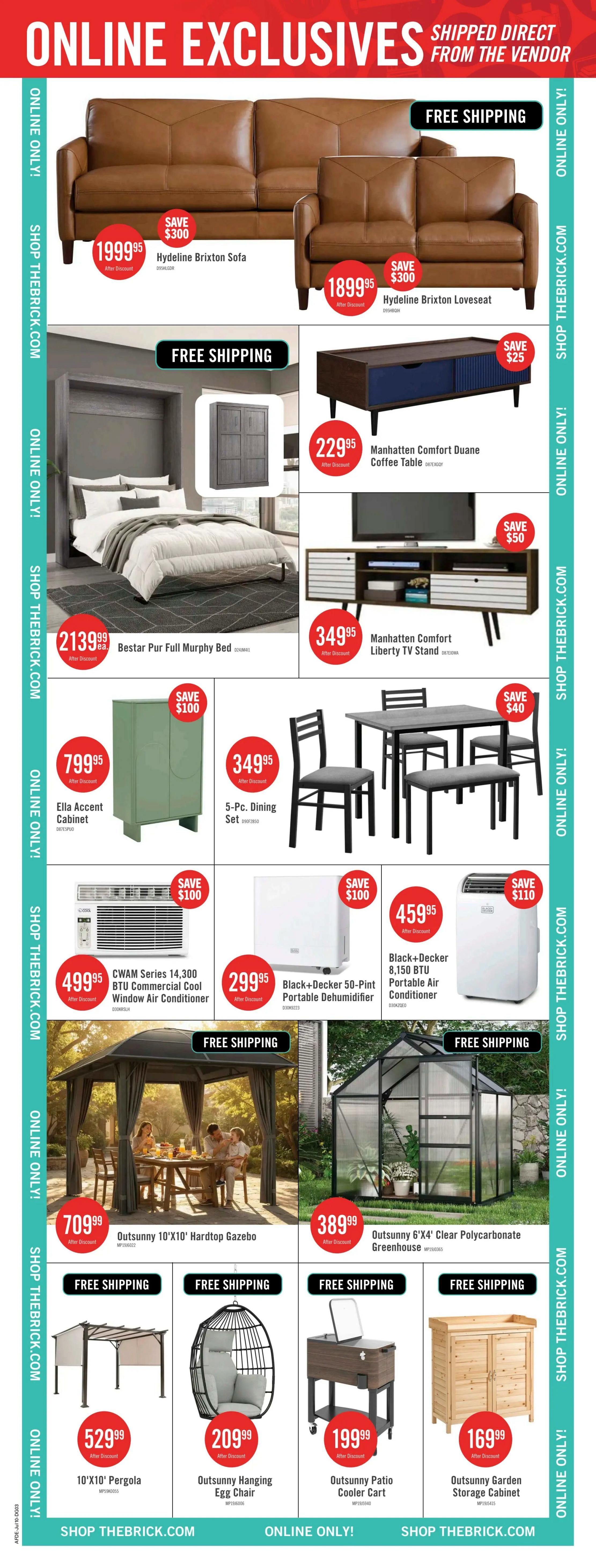 The Brick flyer page featuring online exclusive deals. Highlights include the Hydeline Brixton Sofa for $1999.95 (save $300) and the Hydeline Brixton Loveseat for $1899.95 (save $300). Also featured is the Bestar Pur Full Murphy Bed for $2139.99. Other furniture includes the Manhattan Comfort Duane Coffee Table for $229.95 and the Manhattan Comfort Liberty TV Stand for $349.95 (save $50). Home appliances on sale are the Ella Accent Cabinet for $799.95 (save $100), a 5-Pc. Dining Set for $349.95 (save $40), the CWAM Series 14,300 BTU Commercial Cool Window Air Conditioner for $499.95 (save $100), and the Black+Decker 50-Pint Portable Air Conditioner for $299.95. Also available is the Black+Decker 8,150 BTU Portable Air Conditioner for $459.95 (save $110). Outdoor items include the Outsunny 10'x10' Hardtop Gazebo for $709.99, the Outsunny 6'x4' Clear Polycarbonate Greenhouse for $389.99, a 10'x10' Pergola for $529.99, the Outsunny Hanging Egg Chair for $209.99, the Outsunny Patio Cooler Cart for $199.99, and the Outsunny Garden Storage Cabinet for $169.99. Many items offer free shipping.