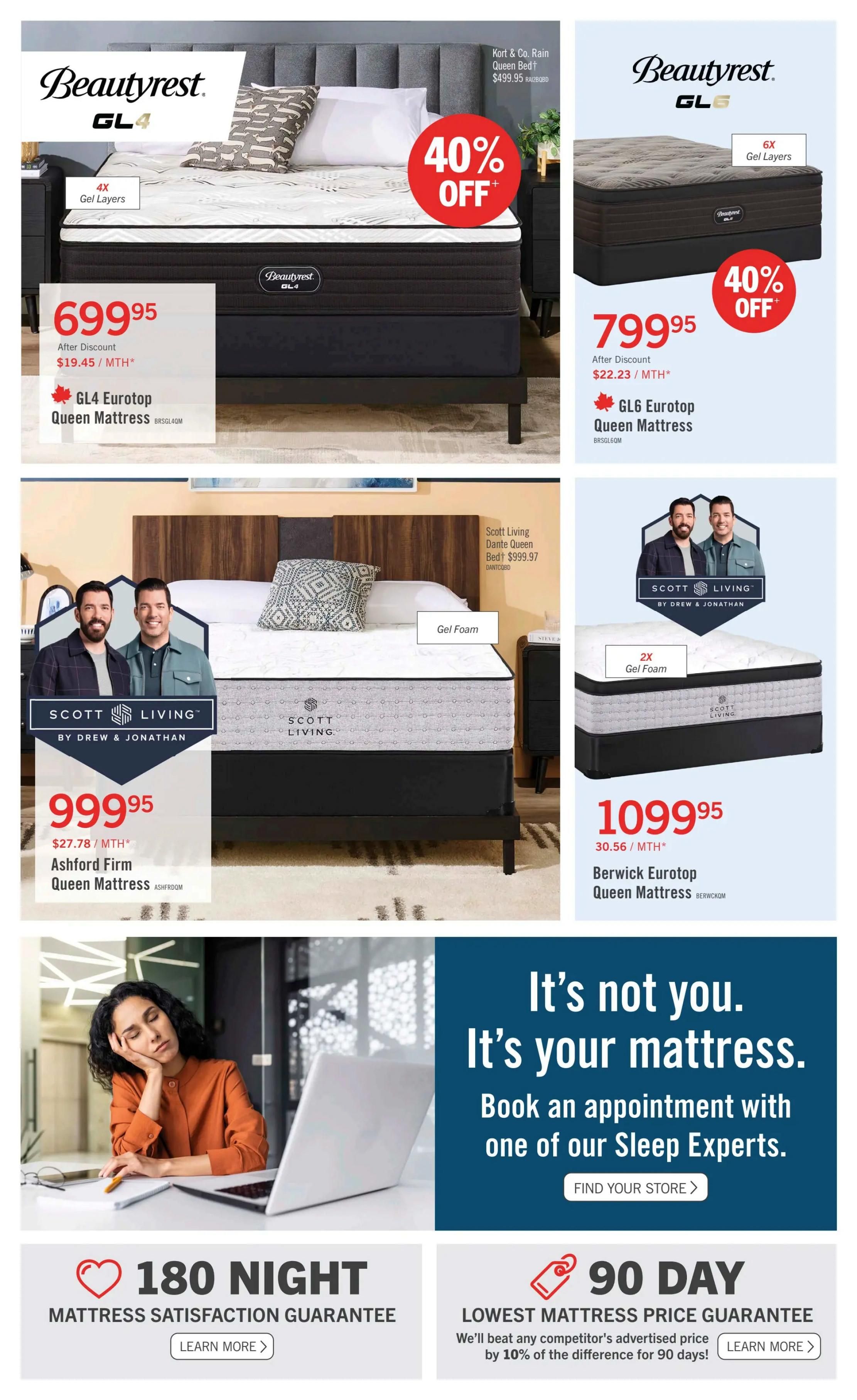 Page 3 of The Brick flyer featuring mattresses. Top left: Beautyrest GL4 Eurotop Queen Mattress for $699.95 after 40% off, with 4X Gel Layers, priced at $19.45/MTH*. Top right: Beautyrest GL6 Eurotop Queen Mattress for $799.95 after 40% off, with 6X Gel Layers, priced at $22.23/MTH*. Middle section: Scott Living Ashford Firm Queen Mattress for $999.95, priced at $27.78/MTH*. Right side: Scott Living Berwick Eurotop Queen Mattress for $1099.95, priced at $30.56/MTH*, featuring 2X Gel Foam. The page also highlights a 180 Night Mattress Satisfaction Guarantee with a 'Learn More' button and a 90 Day Lowest Mattress Price Guarantee, promising to beat competitor prices by 10% with a 'Learn More' button. A section encourages booking an appointment with a Sleep Expert.