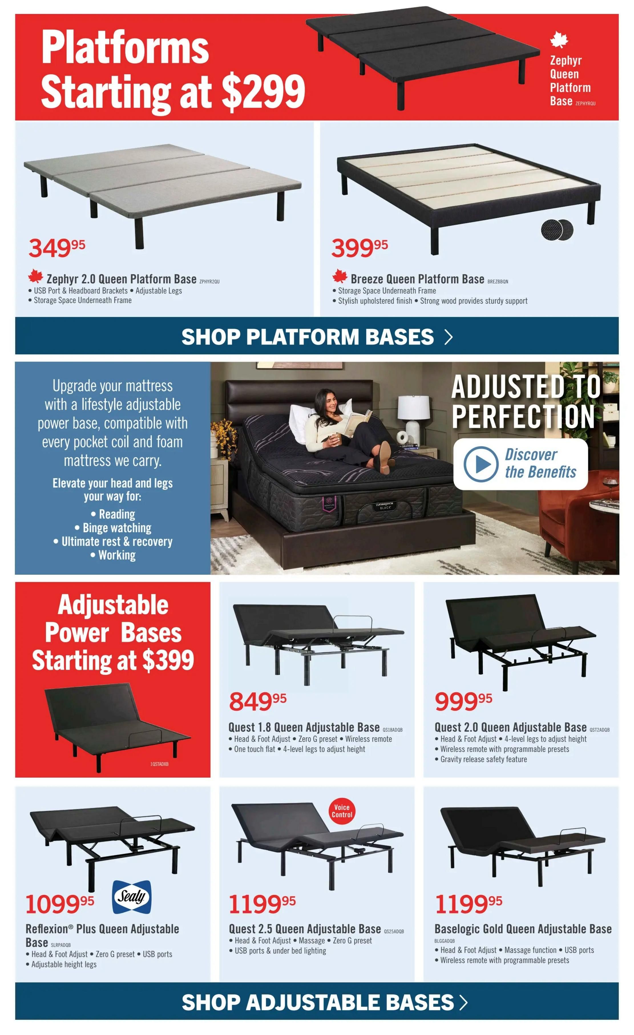 The Brick flyer page 6 features platform bases starting at $299 and adjustable power bases starting at $399. Platform bases include the Zephyr 2.0 Queen Platform Base for $349.95 with USB port and adjustable legs, and the Breeze Queen Platform Base for $399.95 with a stylish upholstered finish. The page also highlights upgrading your mattress with a lifestyle adjustable power base for reading, binge watching, ultimate rest, and working. Adjustable power bases featured are the Quest 1.8 Queen Adjustable Base for $849.95 with head and foot adjust, Zero G preset, wireless remote, and 4-level legs; the Quest 2.0 Queen Adjustable Base for $999.95 with head and foot adjust, 4-level legs, and gravity release safety feature; the Reflexion Plus Queen Adjustable Base for $1099.95 with head and foot adjust, Zero G preset, USB ports, and adjustable height legs; the Quest 2.5 Queen Adjustable Base for $1199.95 with head and foot adjust, massage, Zero G preset, and USB ports under bed lighting; and the Baselogic Gold Queen Adjustable Base for $1199.95 with head and foot adjust, massage function, USB ports, and wireless remote with programmable presets. Buttons to 'Shop Platform Bases' and 'Shop Adjustable Bases' are also visible.