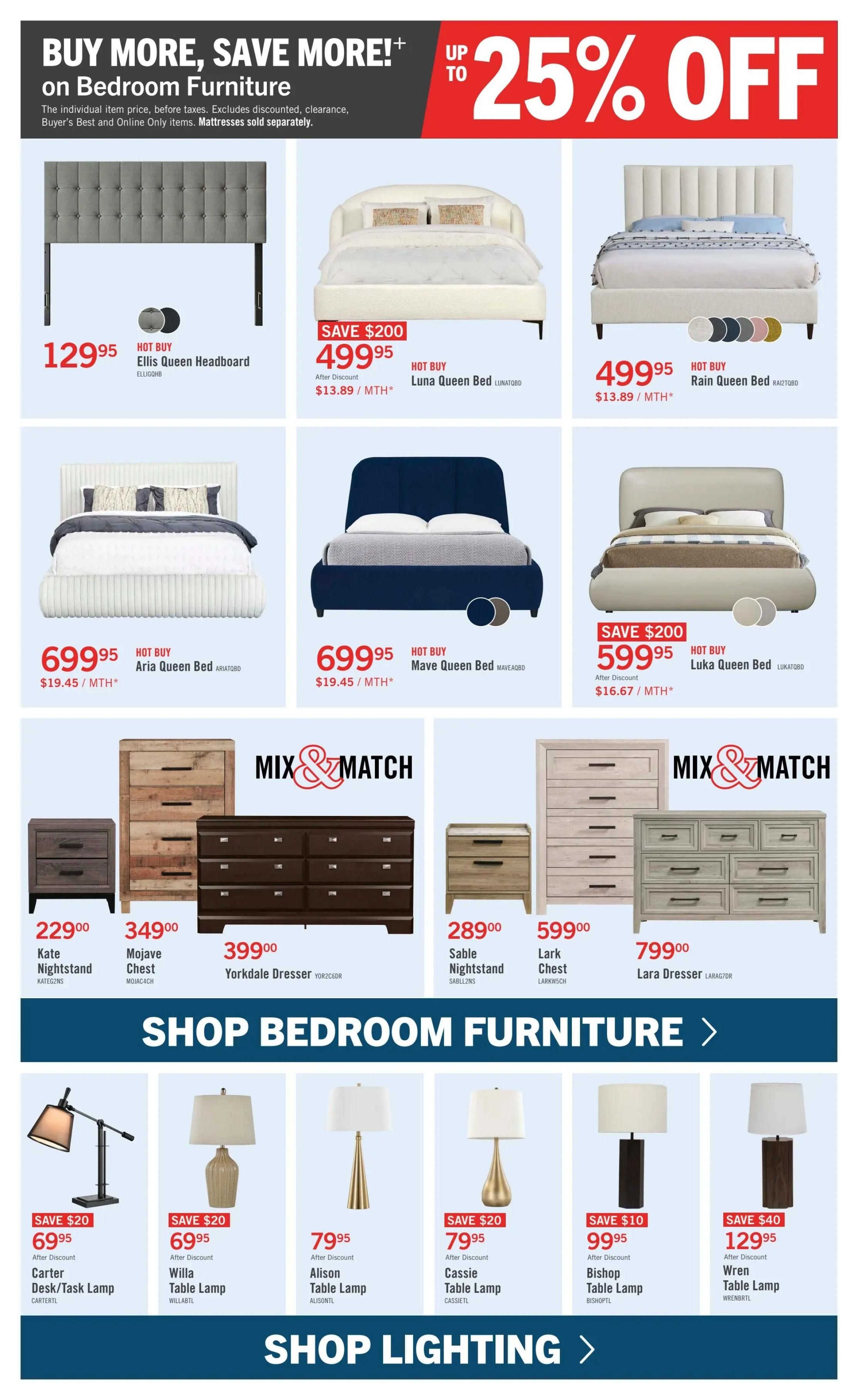 The Brick flyer page 7 features bedroom furniture with up to 25% off. Featured beds include the Ellis Queen Headboard for $129.95, Luna Queen Bed for $499.95 (save $200), and Rain Queen Bed for $499.95. Other beds on sale are the Aria Queen Bed for $699.95 and Mave Queen Bed for $699.95. The page also showcases Mix & Match bedroom sets with the Kate Nightstand for $229.00, Mojave Chest for $349.00, Yorkdale Dresser for $399.00, Sable Nightstand for $289.00, Lark Chest for $599.00, and Lara Dresser for $799.00. Below, shop lighting deals include the Carter Desk/Task Lamp for $69.95 (save $20), Willa Table Lamp for $69.95 (save $20), Alison Table Lamp for $79.95 (save $20), Cassie Table Lamp for $79.95 (save $20), Bishop Table Lamp for $99.95 (save $10), and Wren Table Lamp for $129.95 (save $40).