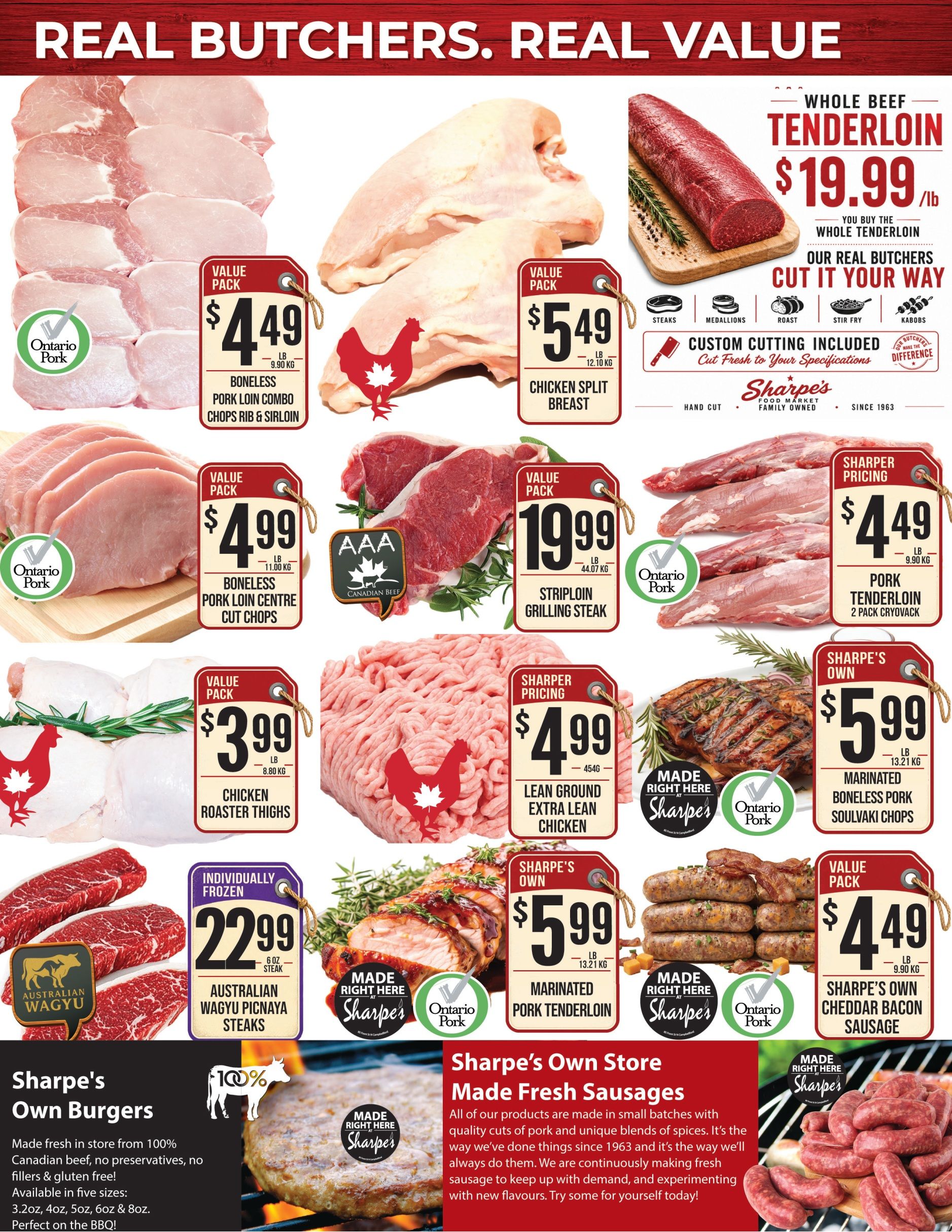 Sharpe's Food Market weekly flyer specials page 2 features a variety of meat products. Whole Beef Tenderloin is available for $19.99/lb with custom cutting options. Value Pack Boneless Pork Loin Combo Chops Rib & Sirloin are $4.49/lb. Chicken Split Breast is $5.49/lb. AAA Canadian Beef Striploin Grilling Steak is $19.99/lb. Value Pack Boneless Pork Loin Centre Cut Chops are $4.99/lb. Chicken Roaster Thighs are $3.99/lb. Sharper Pricing Lean Ground Extra Lean Chicken is $4.99/454g. Sharpe's Own Marinated Boneless Pork Soulvaki Chops are $5.99/lb. Individually Frozen Australian Wagyu Picnaya Steaks are $22.99/6 oz steak. Value Pack Sharpe's Own Cheddar Bacon Sausage is $4.49/lb. The page also highlights Sharpe's Own Burgers, made fresh in store from 100% Canadian beef, and Sharpe's Own Store Made Fresh Sausages.
