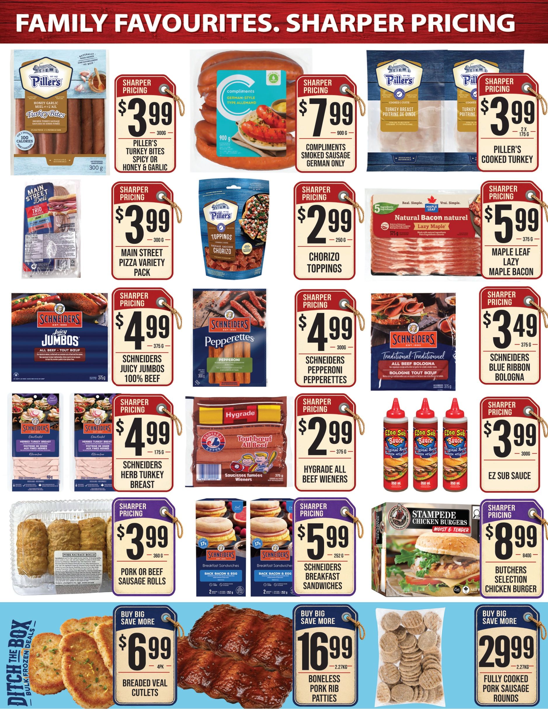 Sharpe's Food Market weekly flyer specials page 3 features a 'Family Favourites' theme. Featured products include Piller's Turkey Bites Spicy or Honey & Garlic for $3.99 (300g), Compliments Smoked Sausage German Style for $7.99 (900g), and Piller's Cooked Turkey for $3.99 (2 x 175g). Also available are Main Street Pizza Variety Pack for $3.99 (300g), Piller's Chorizo Toppings for $2.99 (250g), and Maple Leaf Lazy Maple Bacon for $5.99 (375g). Other deals include Schneiders Juicy Jumbos 100% Beef for $4.99 (375g), Schneiders Pepperoni Pepperettes for $4.99 (300g), Schneiders Traditional All Beef Bologna for $3.49 (375g), Schneiders Herb Turkey Breast for $4.99 (175g), and Hygrade All Beef Wieners for $2.99 (375g). Sauces include EZ Sub Sauce for $3.99 (350ml). Large format savings include Breaded Veal Cutlets for $6.99 (4pk), Boneless Pork Rib Patties for $16.99 (2.27kg), and Fully Cooked Pork Sausage Rounds for $29.99 (2.27kg). Additional items are Schneiders Breakfast Sandwiches for $5.99 (252g) and Stampede Chicken Burgers for $8.99 (840g).