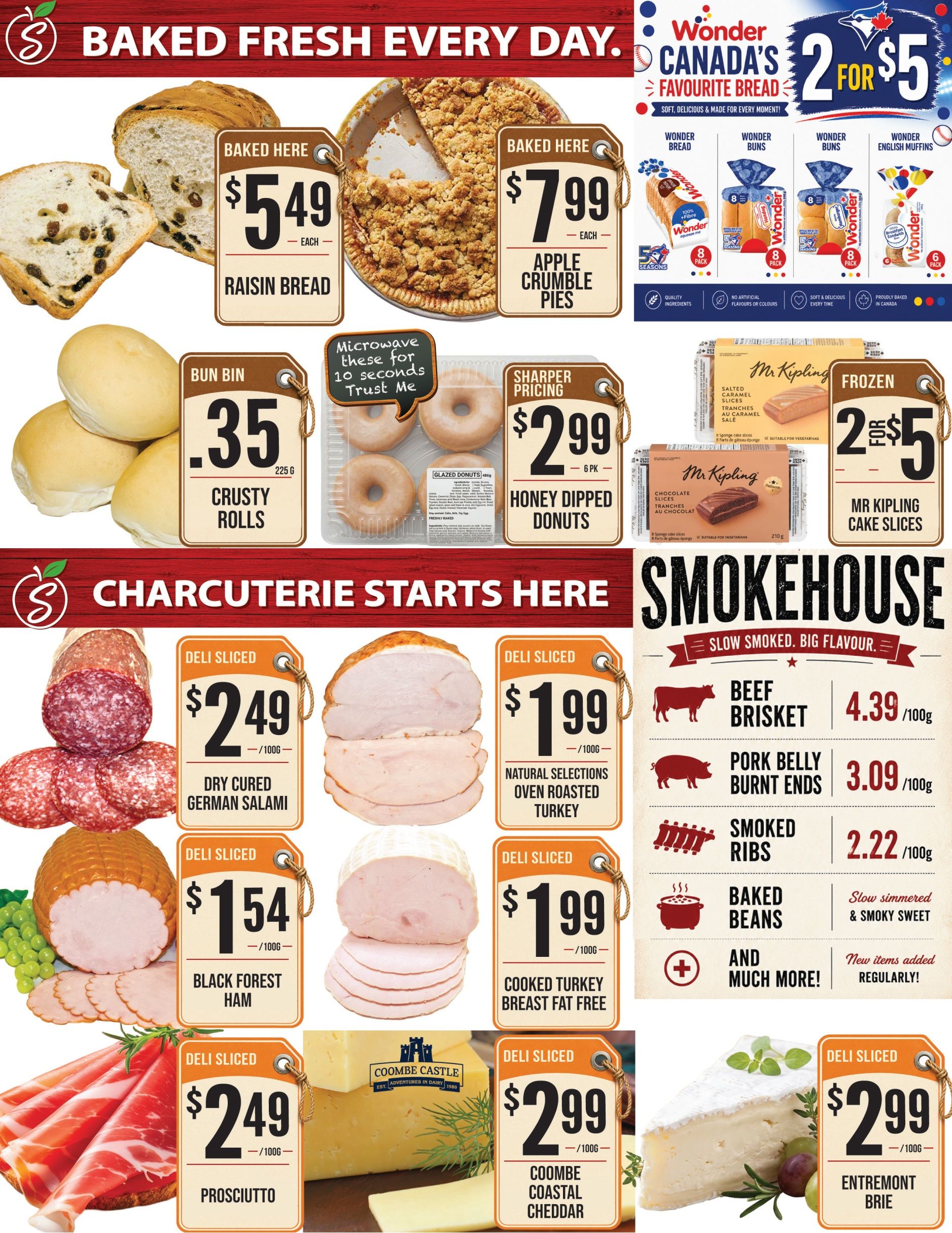 Sharpe's Food Market weekly flyer specials page 7 features baked goods and charcuterie. Baked items include raisin bread for $5.49 each, apple crumble pies for $7.99 each, crusty rolls for $0.35 each, and glazed donuts for $2.99 per 6-pack. Wonder Canada's Favourite Bread is 2 for $5, with options like Wonder Bread, Wonder Buns, and Wonder English Muffins. Mr. Kipling Cake Slices are 2 for $5. The charcuterie section offers deli sliced dry cured German salami for $2.49/100g, black forest ham for $1.54/100g, natural selections oven roasted turkey for $1.99/100g, and cooked turkey breast fat free for $1.99/100g. Also featured are Coombe Coastal Cheddar for $2.99/100g and Entremont Brie for $2.99/100g. The 'Smokehouse' section includes beef brisket at $4.39/100g, pork belly burnt ends at $3.09/100g, and smoked ribs at $2.22/100g, plus baked beans and more new items added regularly.