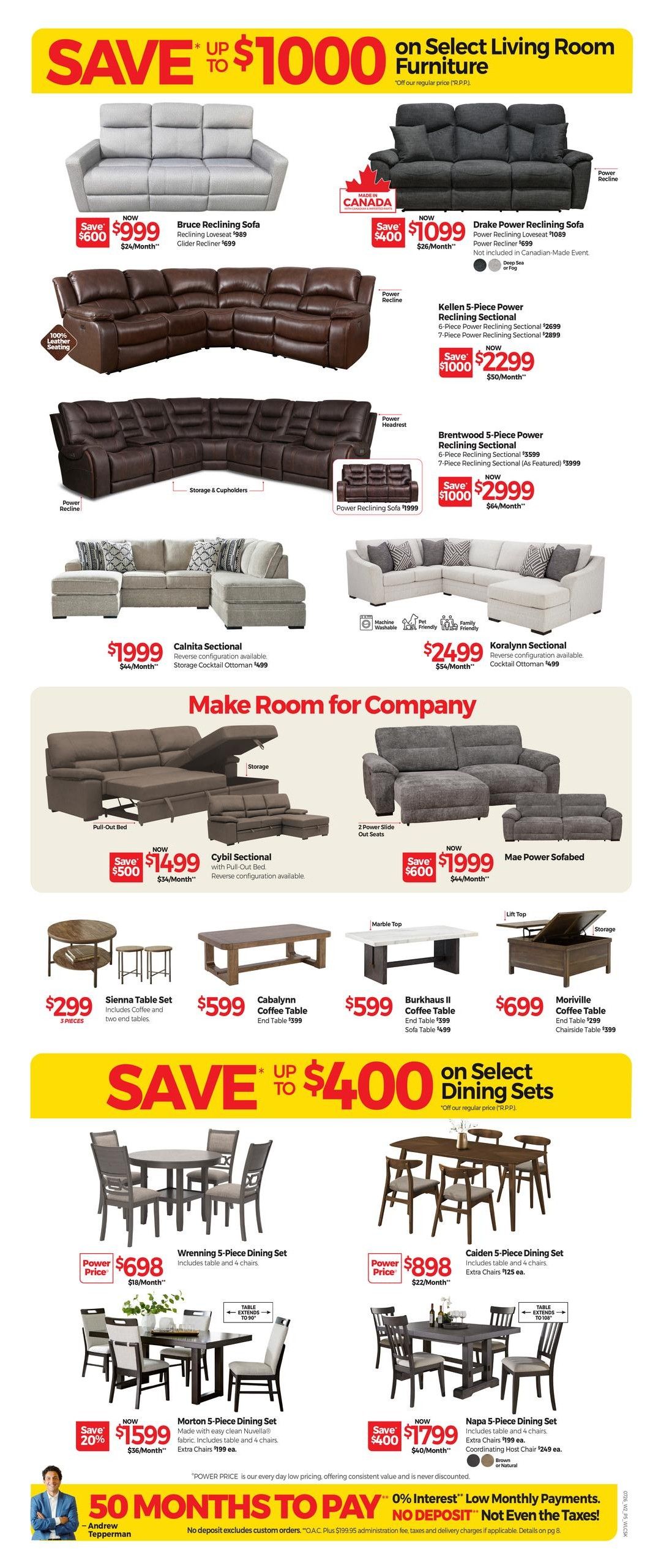 Tepperman's weekly flyer specials page 4 features savings up to $1000 on select living room furniture. Featured items include the Bruce Reclining Sofa now $999 (save $600), Drake Power Reclining Sofa now $1099 (save $400), Kellen 5-Piece Power Reclining Sectional now $2299 (save $1000), Brentwood 5-Piece Power Reclining Sectional now $2999 (save $1000), Calnita Sectional for $1999, Koralynn Sectional for $2499, Cybil Sectional with pull-out bed now $1499 (save $500), and Mae Power Sofabed now $1999 (save $600). Also on sale are dining sets with savings up to $400. Options include the Wrenning 5-Piece Dining Set for $698, Caiden 5-Piece Dining Set for $898, Morton 5-Piece Dining Set now $1599 (save 20%), and Napa 5-Piece Dining Set now $1799 (save $400). Coffee and end tables are also available, including the Sienna Table Set for $299, Cabalynn Coffee Table for $599, Burkhus II Coffee Table for $599, and Moriville Coffee Table for $699. The flyer also highlights a 50 Months to Pay offer with 0% interest and no deposit on deposit. Andrew Tepperman is featured.