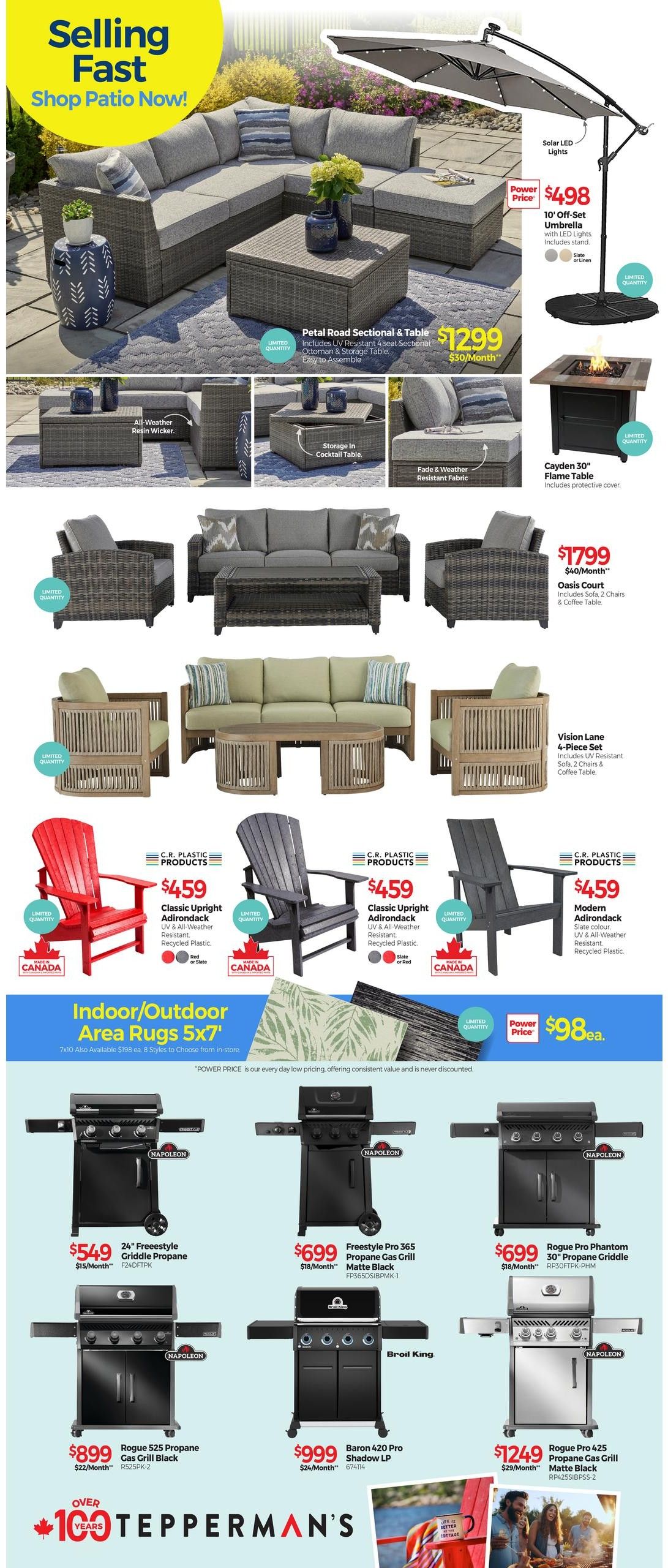 Tepperman's weekly flyer specials page 8 features patio furniture and grills. Highlighted items include the Petal Road Sectional & Table for $1299, a 10' Off-Set Umbrella with Solar LED Lights for $498, and a Cayden 30' Flame Table for $1799. Also featured are the Oasis Court Sofa, 2 Chairs & Coffee Table set for $1799, and the Vision Lane 4-Piece Set for $1799. Outdoor seating options include Classic Upright Adirondack chairs in Red or Slate for $459 each, and Modern Adirondack chairs for $459 each. Indoor/Outdoor Area Rugs in 5x7' size are available for $98 each. Grills on sale include the Napoleon 24' Freestyle Griddle Propane for $549, Napoleon Freestyle Pro 365 Propane Gas Grill Matte Black for $699, Napoleon Rogue Phantom 30' Propane Griddle for $699, Napoleon Rogue 525 Propane Gas Grill Black for $899, Broil King Baron 420 Pro Shadow LP for $999, and Napoleon Rogue Pro 425 Propane Gas Grill Matte Black for $1249.
