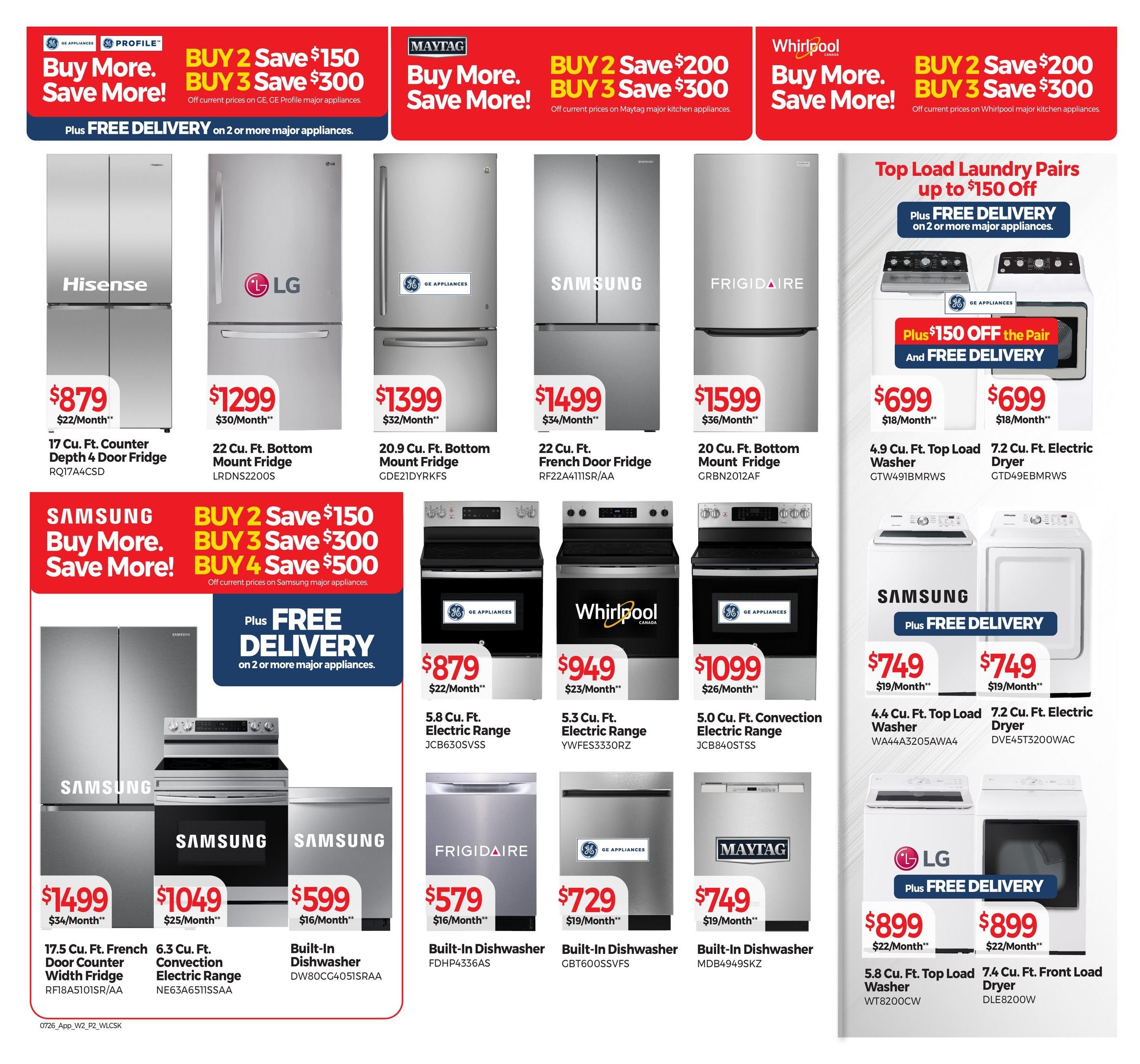 Tepperman's Weekly Flyer Specials Page 10 features major appliance deals. Top section highlights 'Buy More. Save More!' offers: GE Profile appliances offer $150 off when buying 2 and $300 off when buying 3, with free delivery on 2 or more major appliances. Maytag and Whirlpool appliances also offer $200 off when buying 2 and $300 off when buying 3. Featured refrigerators include a Hisense 17 Cu. Ft. Counter Depth 4 Door Fridge for $879, an LG 22 Cu. Ft. Bottom Mount Fridge for $1299, a GE Appliances 20.9 Cu. Ft. Bottom Mount Fridge for $1399, a Samsung 22 Cu. Ft. French Door Fridge for $1499, and a Frigidaire 20 Cu. Ft. Bottom Mount Fridge for $1599. A Top Load Laundry Pair offer includes up to $150 off the pair and free delivery on 2 or more major appliances, with GE Appliances 4.9 Cu. Ft. Top Load Washer and 7.2 Cu. Ft. Electric Dryer available for $699 each. The bottom section showcases Samsung appliances with a 'Buy More. Save More!' deal: $150 off when buying 2, $300 off when buying 3, and $500 off when buying 4, plus free delivery on 2 or more major appliances. Featured Samsung appliances include a 17.5 Cu. Ft. French Door Width Fridge for $1499, a 6.3 Cu. Ft. Convection Electric Range for $1049, and a Built-In Dishwasher for $599. Other featured appliances include GE Appliances 5.8 Cu. Ft. Electric Range for $879, Whirlpool 5.3 Cu. Ft. Electric Range for $949, GE Appliances 5.0 Cu. Ft. Convection Electric Range for $1099, Frigidaire 24' Built-In Dishwasher for $579, GE Appliances Built-In Dishwasher for $729, Maytag Built-In Dishwasher for $749. LG offers a 4.4 Cu. Ft. Top Load Washer and 7.2 Cu. Ft. Front Load Dryer for $749 each, with free delivery.