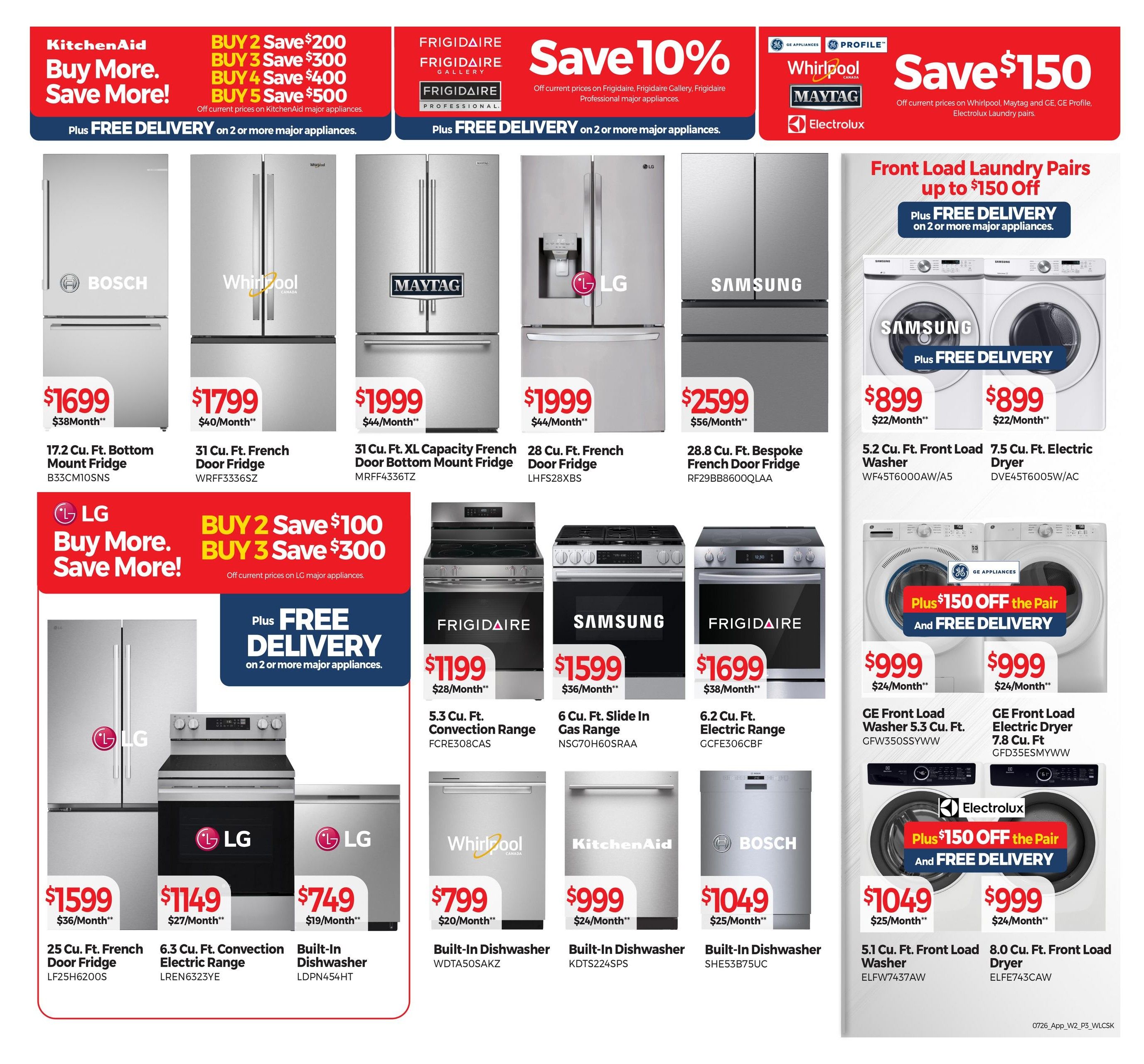 Tepperman's weekly flyer specials page 11 features major appliance deals. KitchenAid offers 'Buy More. Save More!' with savings of $200 on 2, $300 on 3, $400 on 4, or $500 on 5 major appliances, plus free delivery on 2 or more. Featured refrigerators include a Bosch 17.2 Cu. Ft. Bottom Mount Fridge for $1699, a Whirlpool 31 Cu. Ft. French Door Fridge for $1799, a Maytag 31 Cu. Ft. XL Capacity French Door Bottom Mount Fridge for $1999, an LG 31 Cu. Ft. French Door Fridge for $1999, and a Samsung 28.8 Cu. Ft. Bespoke French Door Fridge for $2599. Frigidaire offers 'Save 10%' on select Frigidaire, Frigidaire Gallery, and Frigidaire Professional major appliances. Whirlpool, Maytag, and GE Profile, Electrolux offer 'Save $150' on laundry pairs with free delivery on 2 or more major appliances. Samsung 5.2 Cu. Ft. Front Load Washer and 7.5 Cu. Ft. Electric Dryer are available for $899 each with free delivery. GE Front Load Washer 5.3 Cu. Ft. and Electric Dryer 7.8 Cu. Ft. are $999 each, with an additional $150 off the pair and free delivery. LG offers 'Buy More. Save More!' with savings of $100 on 2 or $300 on 3 major appliances. Featured LG appliances include a 25 Cu. Ft. French Door Fridge for $1599, a 6.3 Cu. Ft. Convection Electric Range for $1149, and a Built-In Dishwasher for $749. Other featured appliances include a Frigidaire 5.3 Cu. Ft. Convection Range for $1199, a Samsung 6 Cu. Ft. Slide In Gas Range for $1599, a Frigidaire 6.2 Cu. Ft. Electric Range for $1699, a Whirlpool Built-In Dishwasher for $799, a KitchenAid Built-In Dishwasher for $999, and a Bosch Built-In Dishwasher for $1049. Electrolux 5.1 Cu. Ft. Front Load Washer and 8.0 Cu. Ft. Front Load Dryer are $1049 and $999 respectively, with $150 off the pair and free delivery.