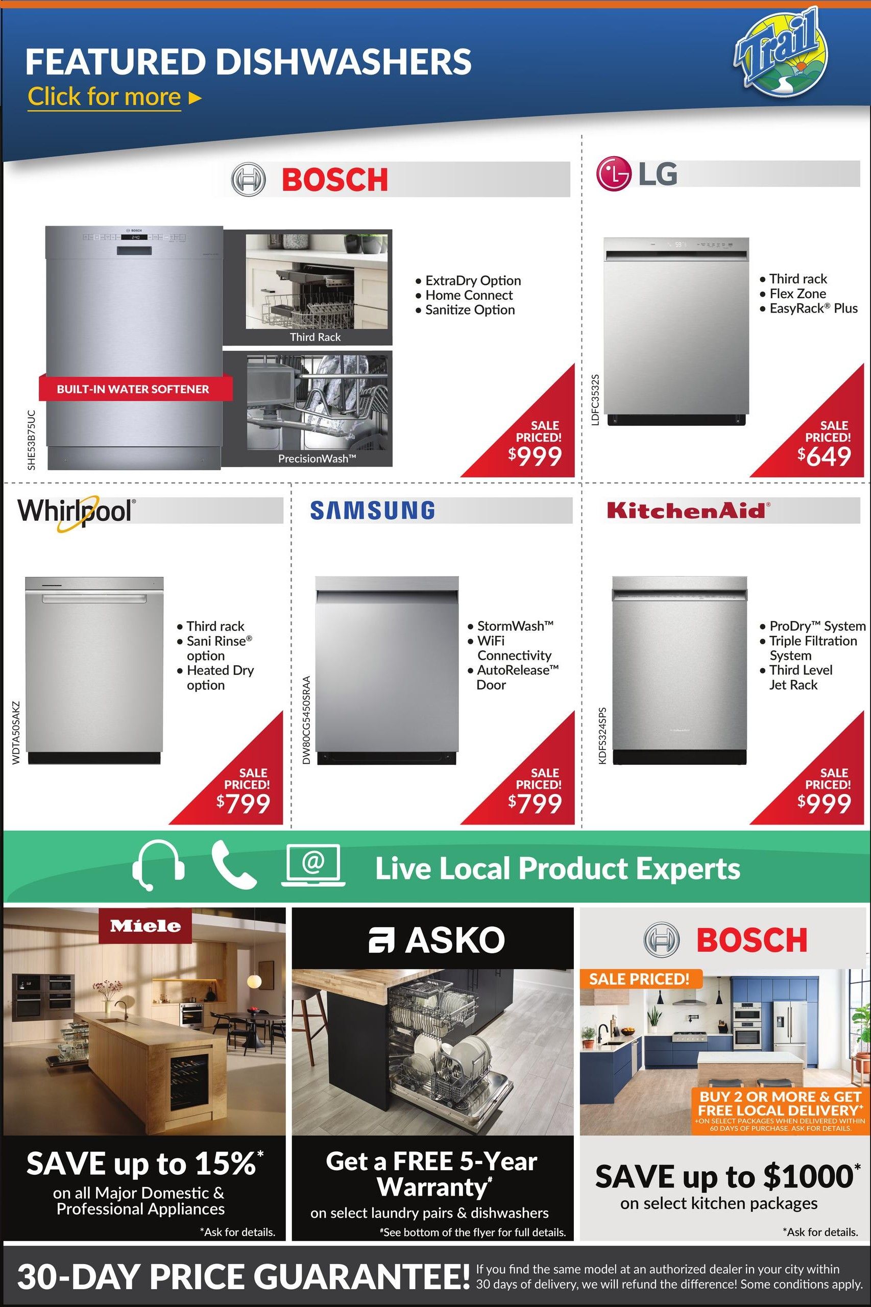 Trail Appliances Saskatchewan weekly flyer specials, page 6, featuring a selection of dishwashers. Bosch dishwashers include ExtraDry Option, Home Connect, and Sanitize Option, on sale for $999. LG dishwashers with a third rack, Flex Zone, and EasyRack Plus are on sale for $649. Whirlpool dishwashers offer a third rack, Sani Rinse option, and Heated Dry option for $799. Samsung dishwashers feature StormWash, WiFi, Connectivity, and AutoRelease Door, priced at $799. KitchenAid dishwashers include ProDry System, Triple Filtration System, and Third Level Jet Rack, on sale for $999. Additional offers include: Save up to 15% on all Major Domestic & Professional Appliances from Miele. Get a FREE 5-Year Warranty on select laundry pairs & dishwashers from Asko. Save up to $1000 on select kitchen packages from Bosch, with a buy 2 or more offer for FREE local delivery. All offers are valid from July 9 to July 15, 2026. The flyer also highlights a 30-Day Price Guarantee.