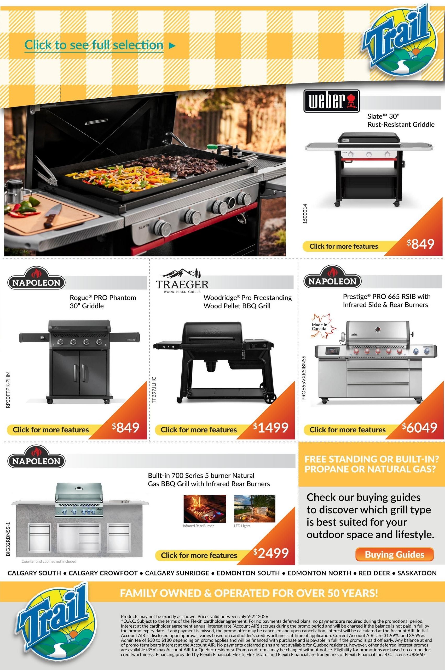Page 8 of the Trail Appliances flyer features a selection of BBQs. Top left shows a large griddle with food. Top right features the Weber Slate 30' Rust-Resistant Griddle for $849. Below that, the Napoleon Rogue PRO Phantom 30' Griddle is priced at $849. To its right, the Traeger Woodridge PRO Freestanding Wood Pellet BBQ Grill is $1499. On the right side, the Napoleon Prestige PRO 665 RSB with Infrared Side & Rear Burners is $6049. In the bottom section, the Built-in 700 Series 5 burner Natural Gas BBQ Grill with Infrared Rear Burners is available for $2499. The page also includes a section on 'Free Standing or Built-In? Propane or Natural Gas?' with a call to action to 'Check our buying guides' and a 'Buying Guides' button. Store locations in Alberta are listed at the bottom: Calgary South, Calgary Crowfoot, Calgary Sunridge, Edmonton South, Edmonton North, Red Deer, and Saskatoon. The bottom of the page highlights 'Family Owned & Operated for Over 50 Years!' with promotional financing details.