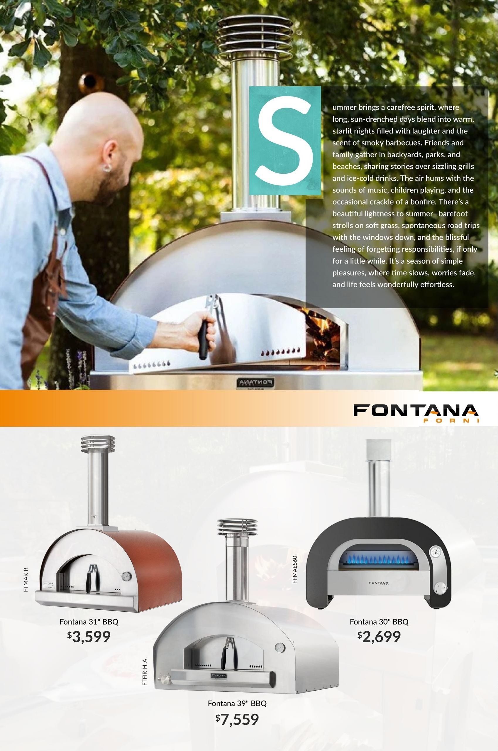 Trail Appliances Saskatchewan flyer, page 2. Features Fontana Forni outdoor pizza ovens. The Fontana 31' BBQ is priced at $3,599. The Fontana 39' BBQ is priced at $7,559. The Fontana 30' BBQ is priced at $2,699. The page also includes descriptive text about summer enjoyment and outdoor cooking.