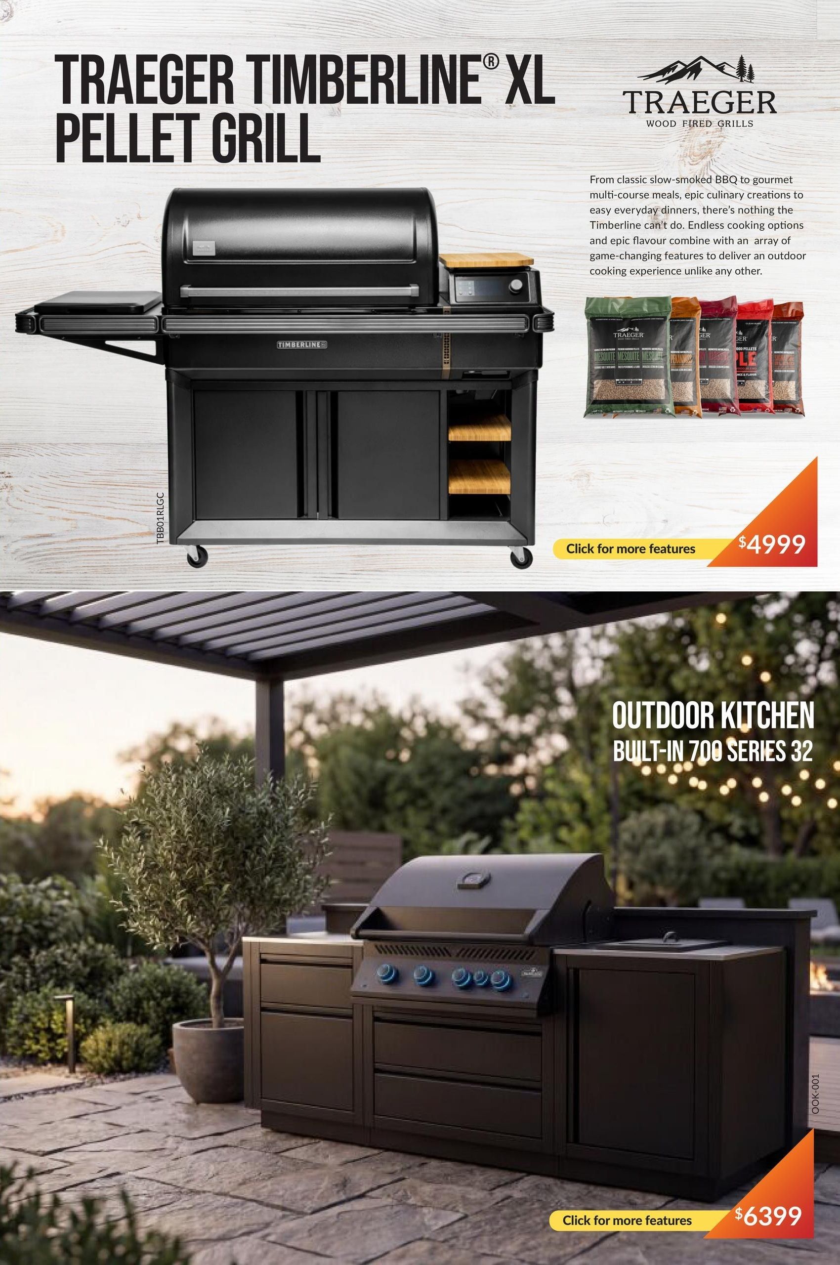 Trail Appliances Saskatchewan flyer, page 3. Features the Traeger Timberline XL Pellet Grill for $4999, described as perfect for slow-smoked BBQ to gourmet multi-course meals with endless cooking options and epic flavour. Also showcases the Outdoor Kitchen Built-In 700 Series 32 for $6399. Both items have a 'Click for more features' call to action.
