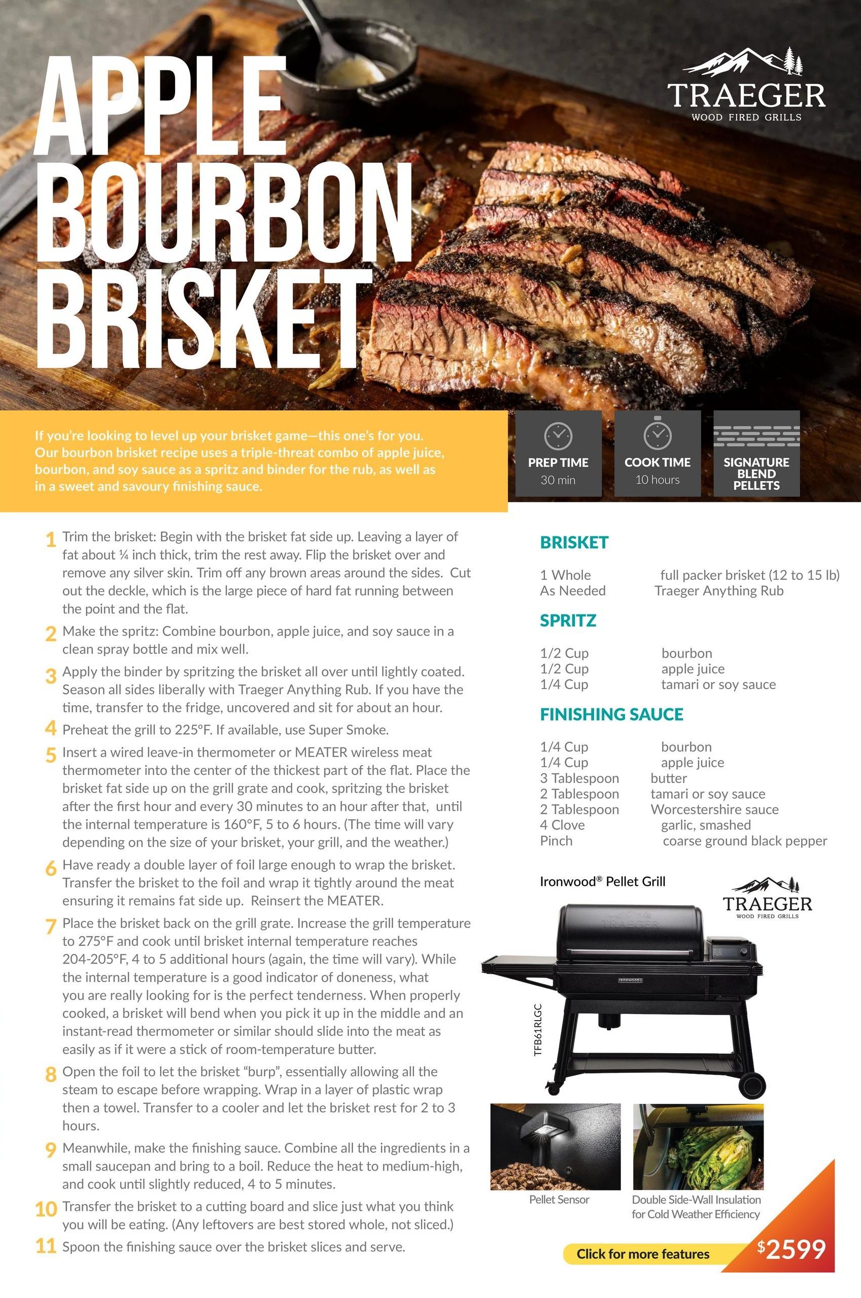 Page 4 of the Trail Appliances flyer features an Apple Bourbon Brisket recipe with a prep time of 30 minutes and a cook time of 10 hours. The recipe includes ingredients for the brisket, spritz, and finishing sauce, such as a full packer brisket (12 to 15 lb), Traeger Anything Rub, bourbon, apple juice, tamari or soy sauce, butter, Worcestershire sauce, garlic, smashed coarse ground black pepper. The page also showcases the Traeger Ironwood Pellet Grill, highlighting features like a pellet sensor and double side-wall insulation for cold weather efficiency. The grill is priced at $2599.