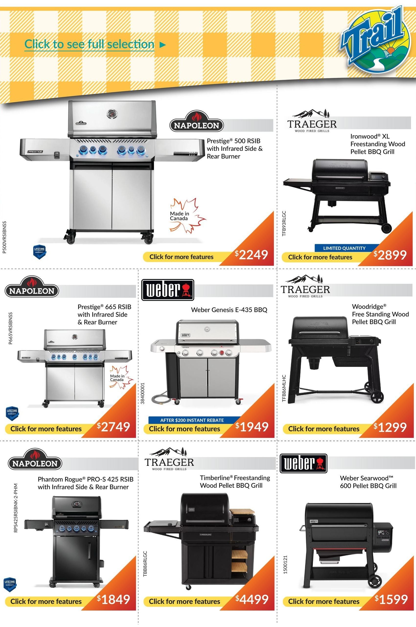 Page 5 of the Trail Appliances flyer features a selection of barbecues. Top row includes the Napoleon Prestige® 500 RSIВ with Infrared Side & Rear Burner for $2249, the Traeger Ironwood® XL Freestanding Wood Pellet BBQ Grill for $2899, and the Woodbridge® Free Standing Wood Pellet BBQ Grill for $1299. Middle row showcases the Napoleon Prestige® 665 RSIВ with Infrared Side & Rear Burner for $2749, the Weber Genesis E-435 BBQ with an After $200 Instant Rebate for $1949. Bottom row features the Napoleon Phantom Rogue® PRO-S 425 RSIВ with Infrared Side & Rear Burner for $1849, the Traeger Timberline® Freestanding Wood Pellet BBQ Grill for $4499, and the Weber Searwood™ 600 Pellet BBQ Grill for $1599. Several items are marked as Made in Canada and some have lifetime warranties.
