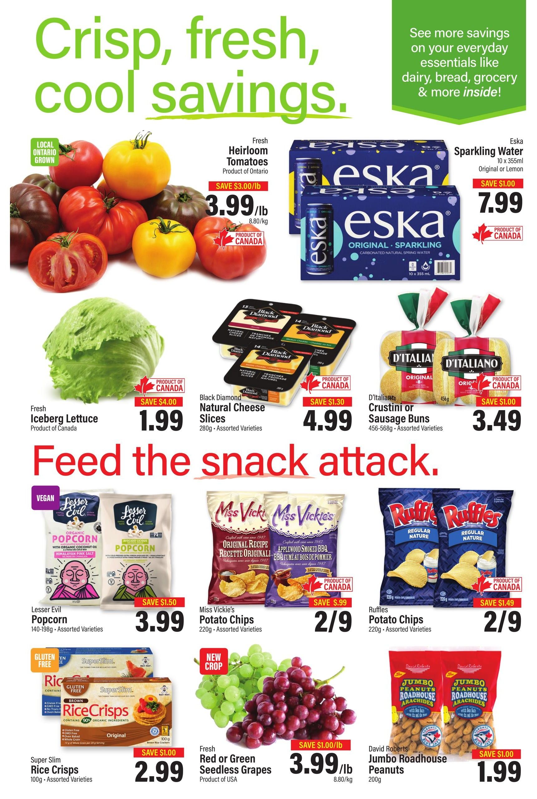Commisso's Fresh Foods weekly flyer specials page 2 features 'Crisp, fresh, cool savings.' Fresh Heirloom Tomatoes from Ontario are $3.99/lb, save $3.00/lb. Eska Sparkling Water, 10 x 355ml Original or Lemon, is $7.99, save $1.00. Fresh Iceberg Lettuce, Product of Canada, is $1.99, save $4.00. Black Diamond Natural Cheese Slices, 280g Assorted Varieties, are $4.99, save $1.30. D'Italiano Crustini or Sausage Buns, 456-568g Assorted Varieties, are $3.49, save $1.00. The page also highlights 'Feed the snack attack.' Lesser Evil Popcorn, 140-198g Assorted Varieties, is $3.99, save $1.50. Miss Vickie's Potato Chips, 220g Assorted Varieties, are $2.99, save $.99. Ruffles Potato Chips, 220g Assorted Varieties, are $2.99, save $1.49. Super Slim Rice Crisps, 100g Assorted Varieties, are $2.99, save $1.00. New Crop Fresh Red or Green Seedless Grapes, Product of USA, are $3.99/lb, save $1.00/lb. David Roberts Jumbo Roadhouse Peanuts, 200g, are $1.99, save $1.00.