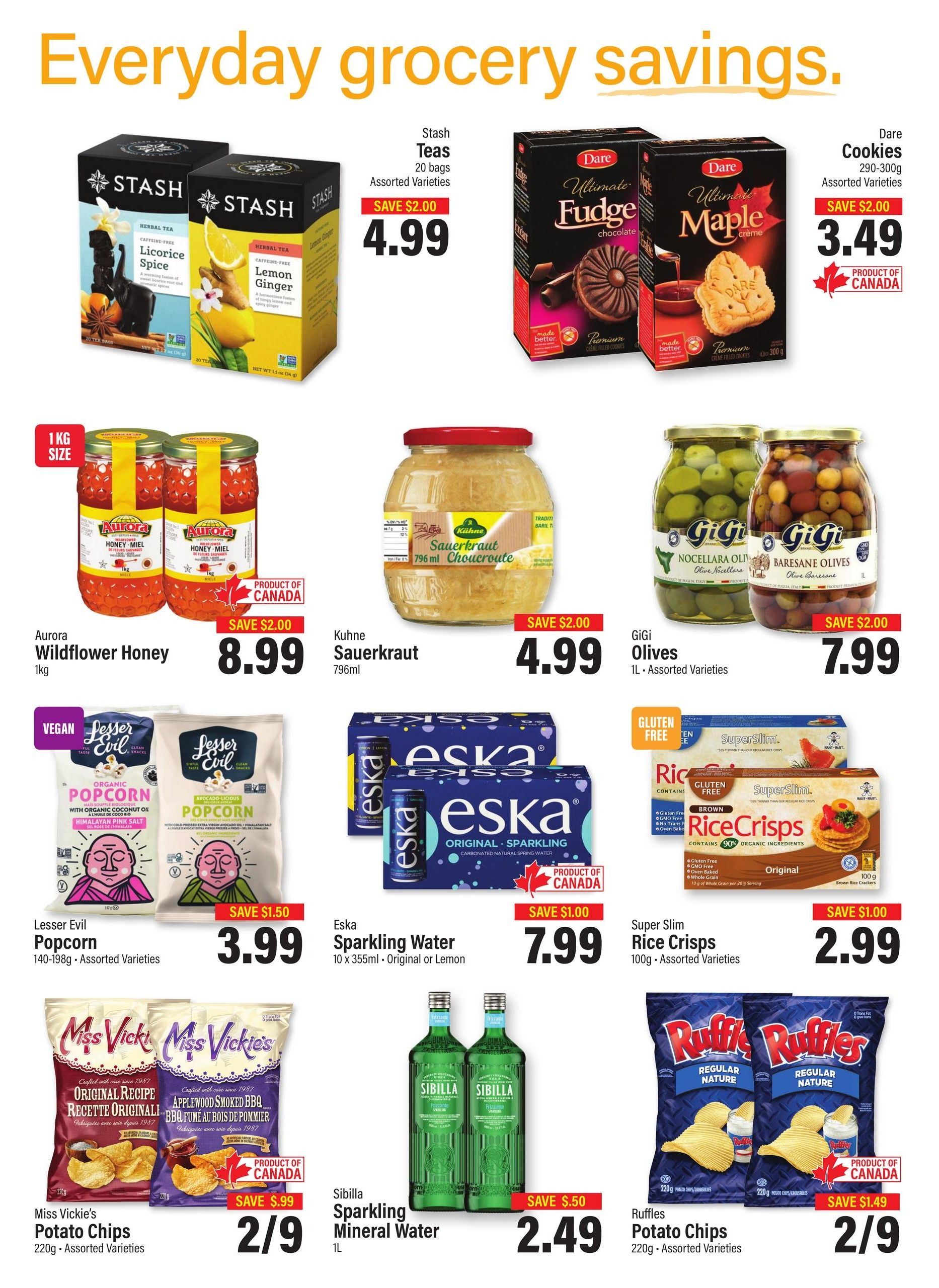 Commisso's Fresh Foods weekly flyer specials page 9 features everyday grocery savings. Top row includes Stash Teas assorted varieties for $4.99 (save $2.00), Dare Cookies assorted varieties (290-300g) for $3.49 (save $2.00), Aurora Wildflower Honey (1kg) for $8.99 (save $2.00), Kuhne Sauerkraut (796ml) for $4.99 (save $2.00), and GiGi Olives assorted varieties (1L) for $7.99 (save $2.00). Middle row features Lesser Evil Organic Popcorn (140-198g, assorted varieties) for $3.99 (save $1.50), Eska Sparkling Water (10 x 355ml, Original or Lemon) for $7.99 (save $1.00), and Super Slim Rice Crisps (100g, assorted varieties) for $2.99 (save $1.00). Bottom row includes Miss Vickie's Potato Chips (220g, assorted varieties) for $2/9 (save $0.99) and Ruffles Potato Chips (220g, assorted varieties) for $2/9 (save $1.49). Sibilla Sparkling Mineral Water (1L) is also featured for $2.49 (save $0.50).